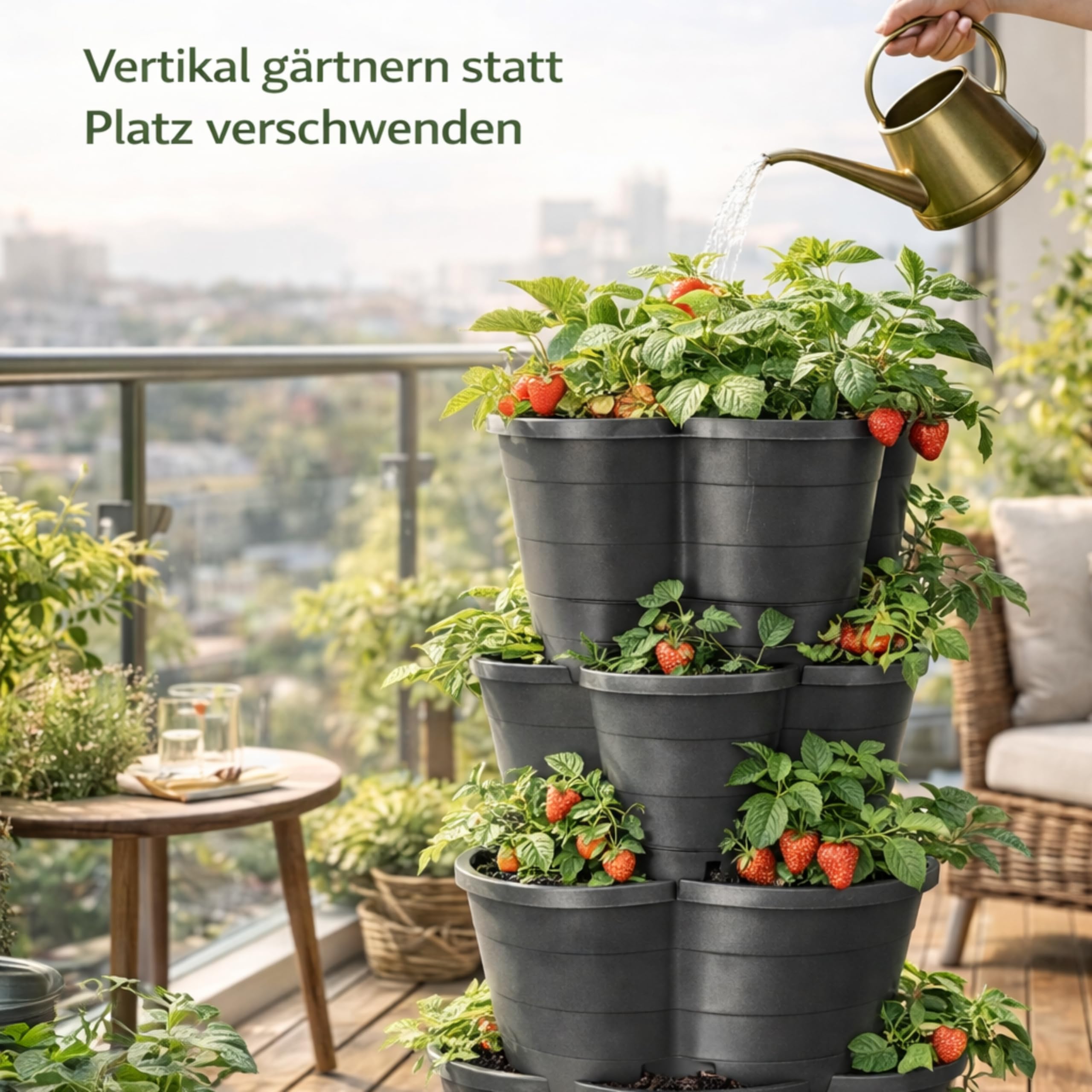 Pflanzturm 4er Set stapelbar – Vertikales Hochbeet System für Balkon & Terrasse – Bestens geeignet als Erdbeerturm, Kartoffelturm & Kräuterturm – Platzsparend, wetterfest, Hergestellt in der EU