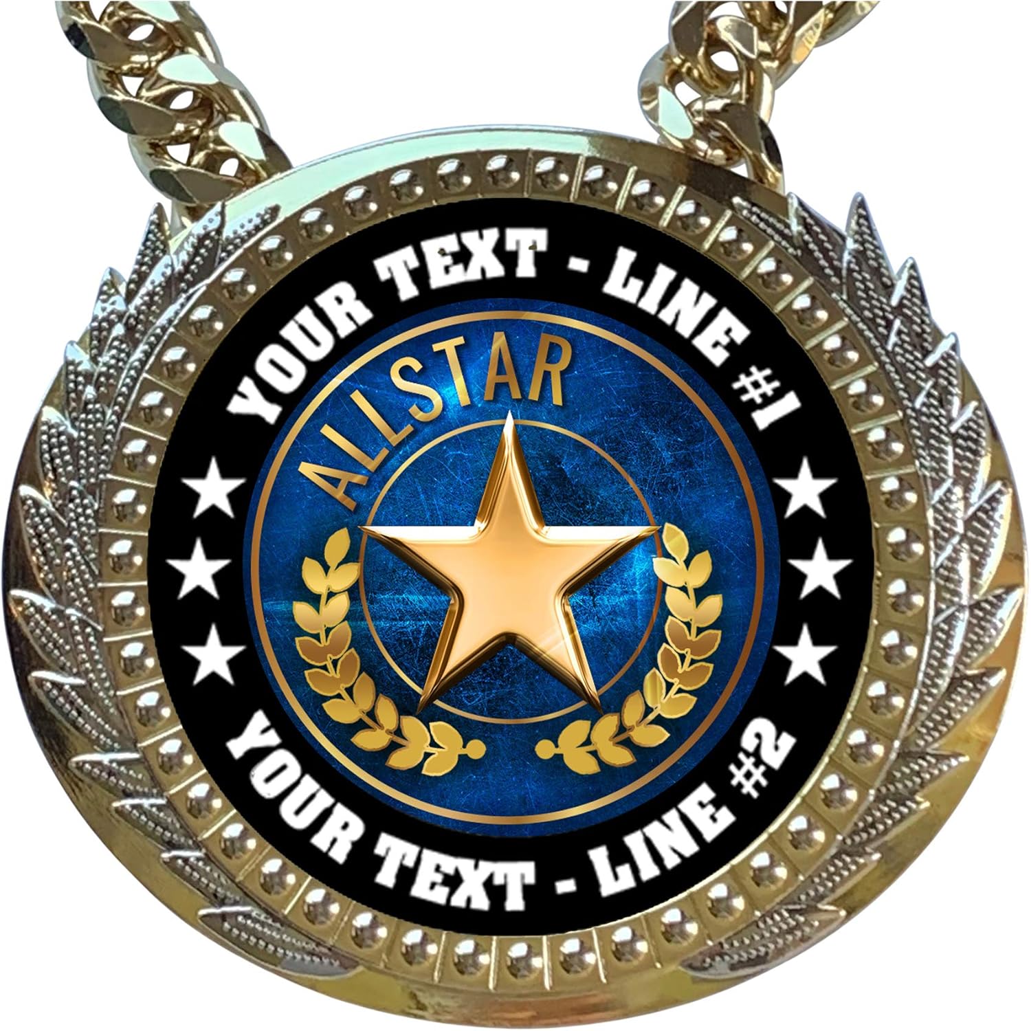 Express Medals Metal Version All Star Champ Chain Trophy with 2 Lines of Personalized Custom Text on a Large Award Medal and Attached 34 inch Long Metal Neck Chain. EG4