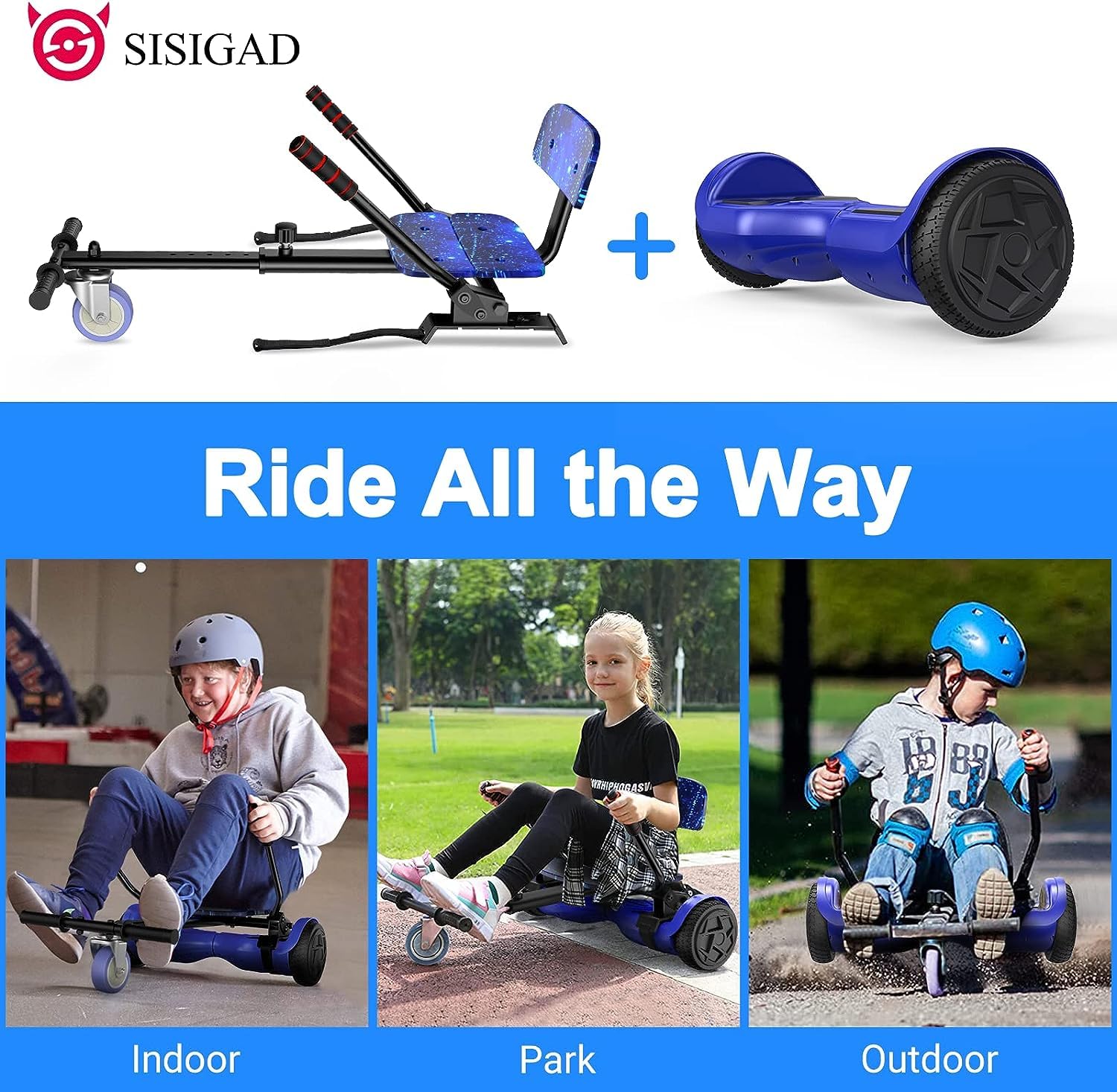 SISIGAD Hoverboard 6.5 inch with Hoverkart for children, self-balancing Eclectic Scooter easy to control, non-slip, LED lights, Bluetooth speaker SISIGAD Hoverboard 6.5 inch with Hoverkart for children, self-balancing Eclectic Scooter easy to control, non-slip, LED lights, Bluetooth speaker