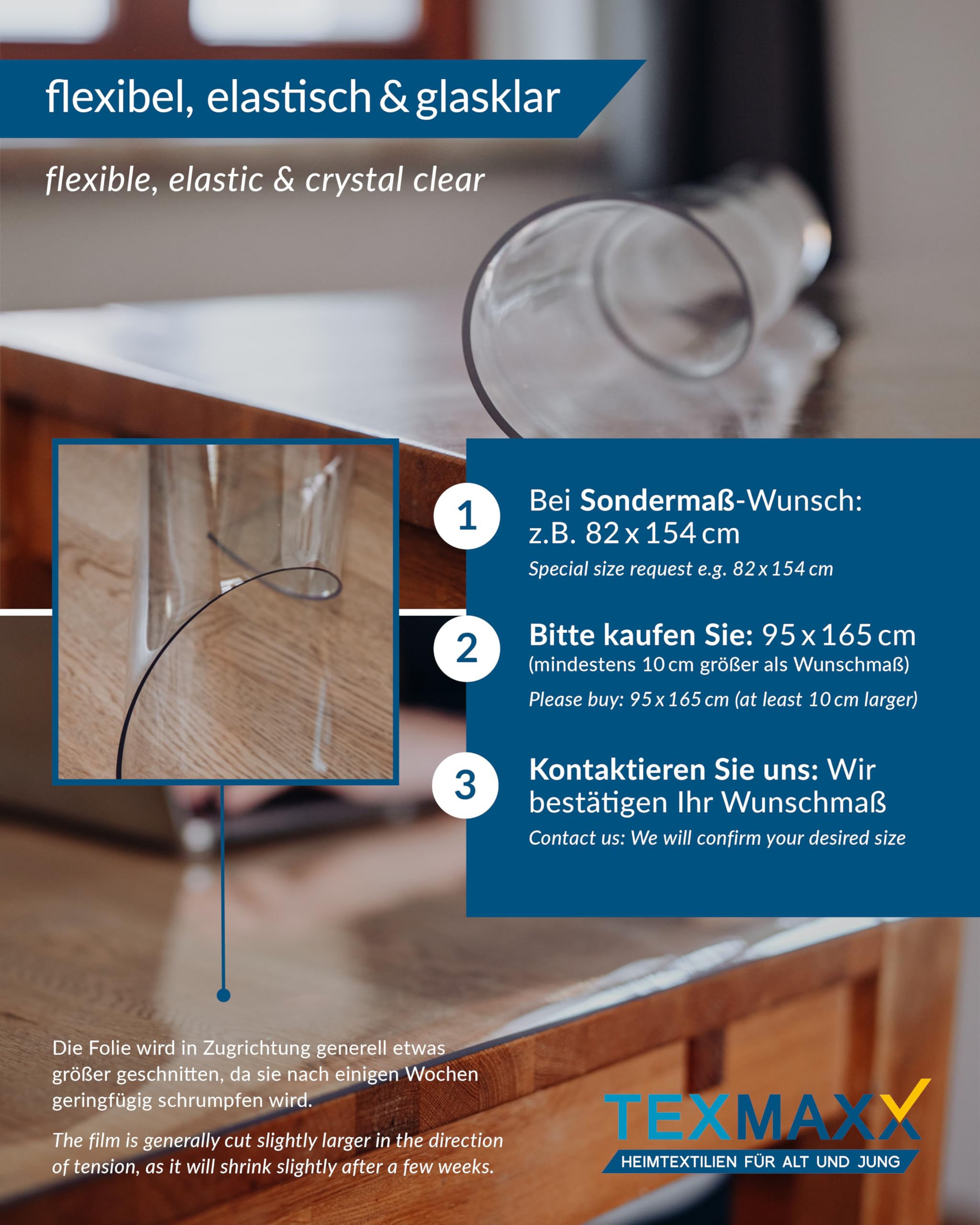 TEXMAXX Tischfolie transparent 2mm mit gerader Kante - Made in Germany | Tischschutz transparent versch. Größen - Tisch Schutzfolie transparent