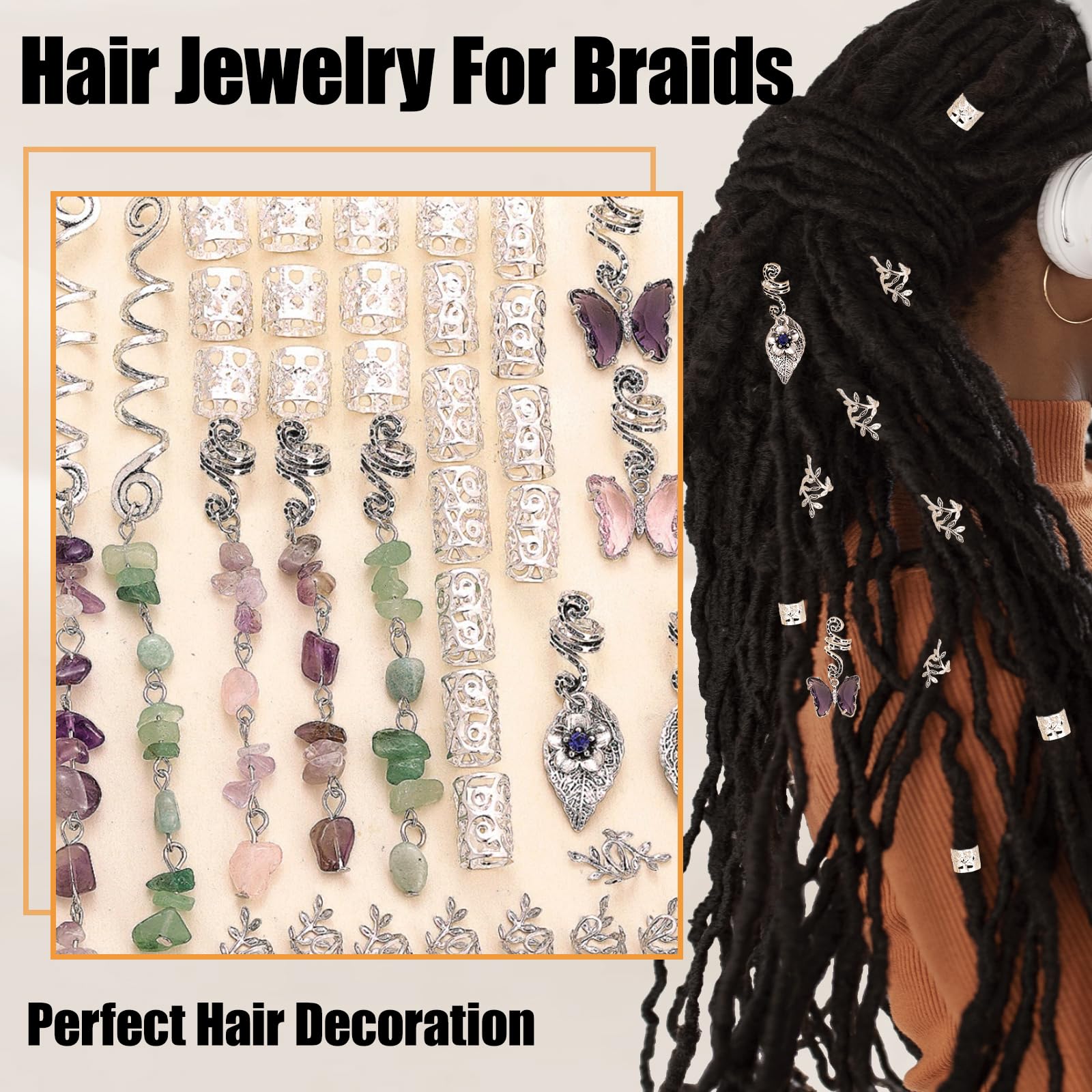 Joyeee Kit da 44PCS Perline Argento per Capelli – Tasselli di Pietra Cristallo Naturale Spirali Manicotti Filigrana Pendenti Farfalla con Strumento per Treccine Dreadlocks