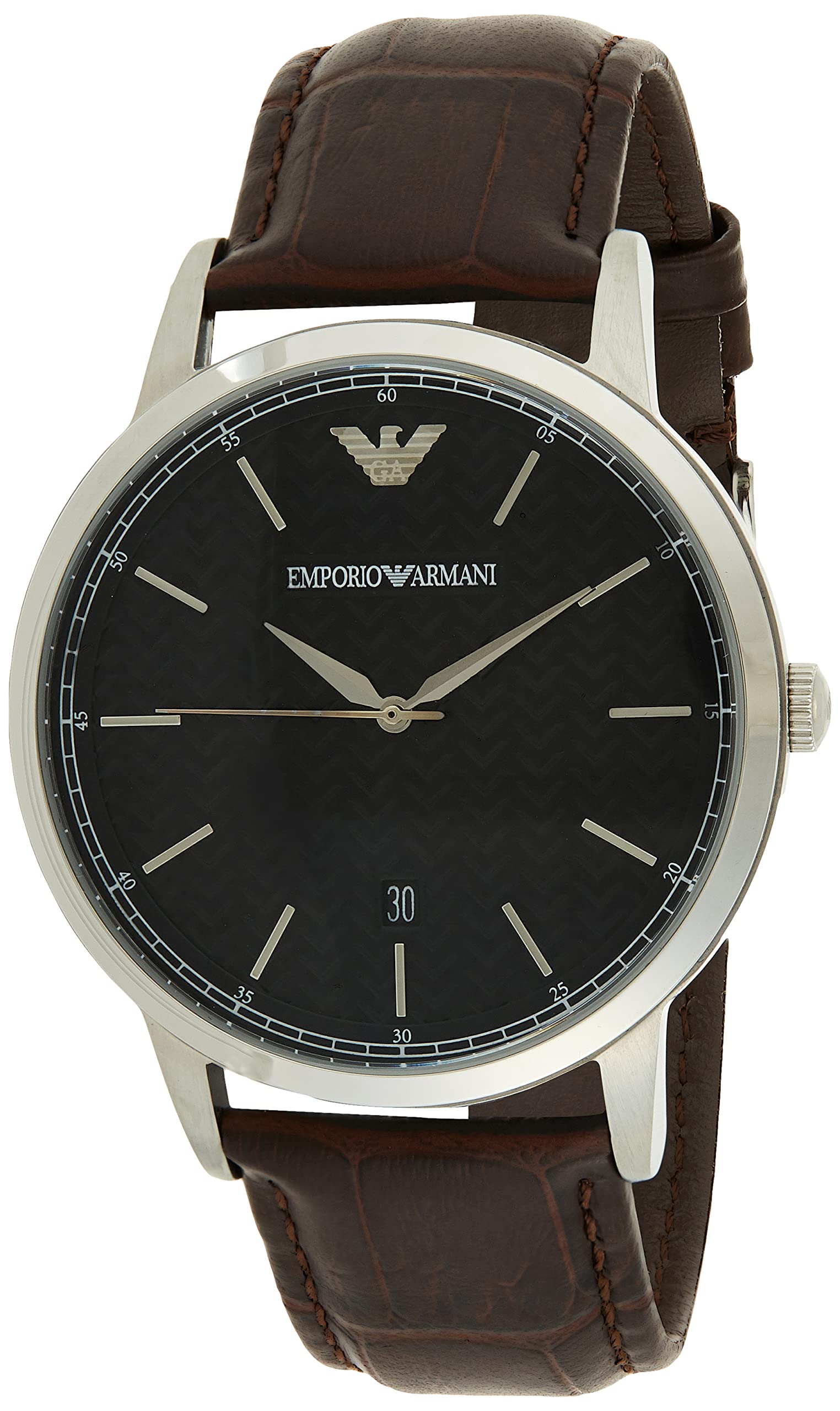 Emporio Armani Men's Black Dial Leather Band Quartz Analog Watch, Silver/Brown, AR2480