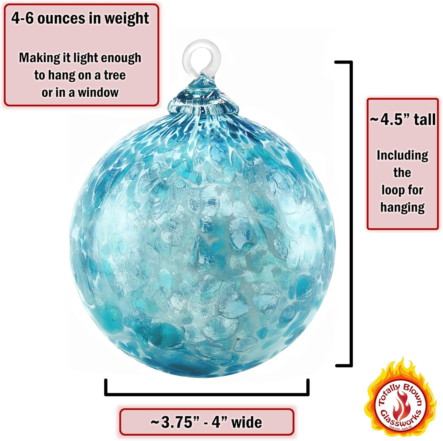 Ornament, Handmade Blown Glass, Hanging Tree Holiday Décor, Sun Catcher, Witches Ball, Gazing Orb, Friendship Keepsake, Window Color. (Light Aqua Blue with White Powder)