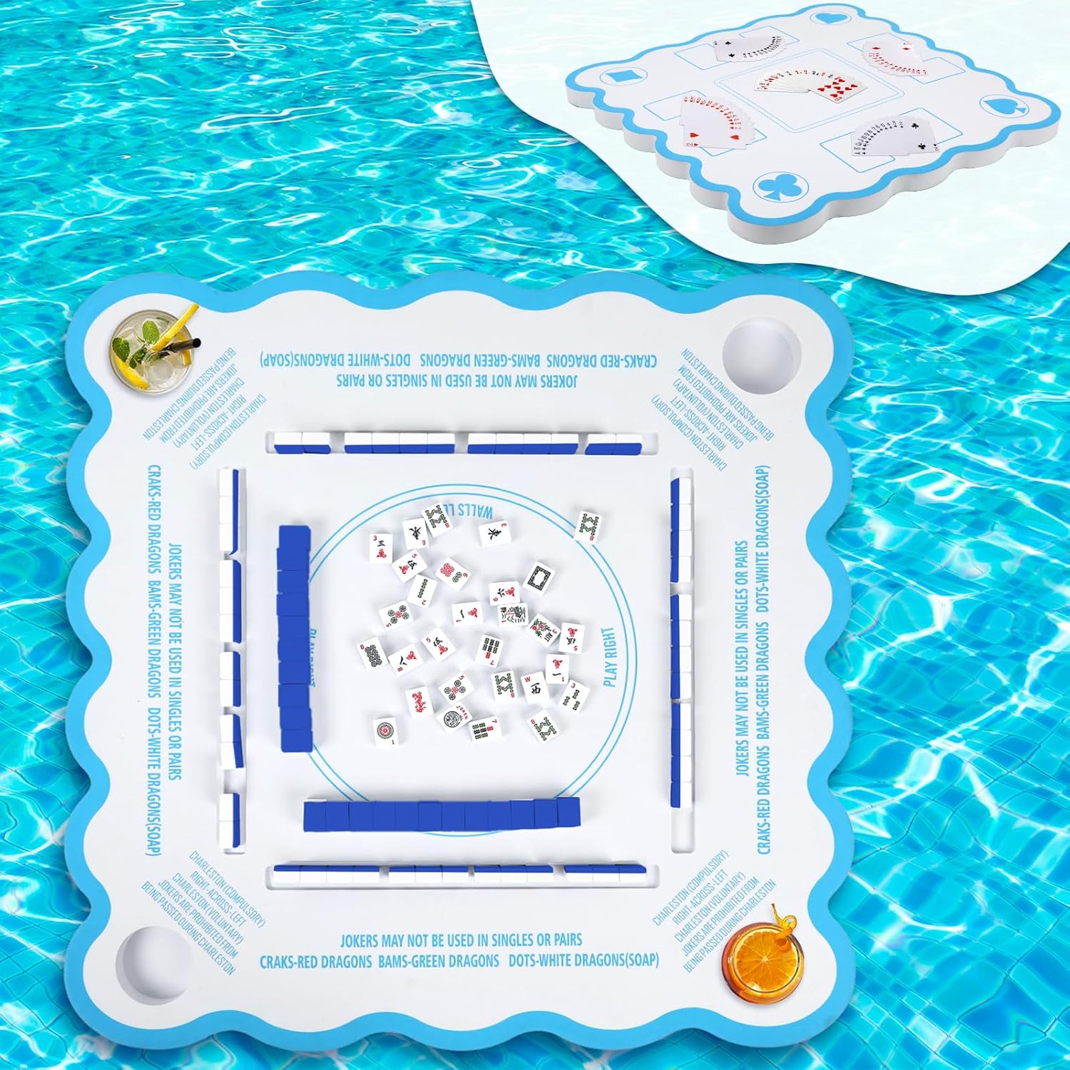 Mahjong Game Floating Table with Rules for Pool Double Side Poker Float Board for Card Games Scrabble Dominoes Mahjong Game Tray for Water Swimming Pool and Hot Tub Summer Beach Party Supplies