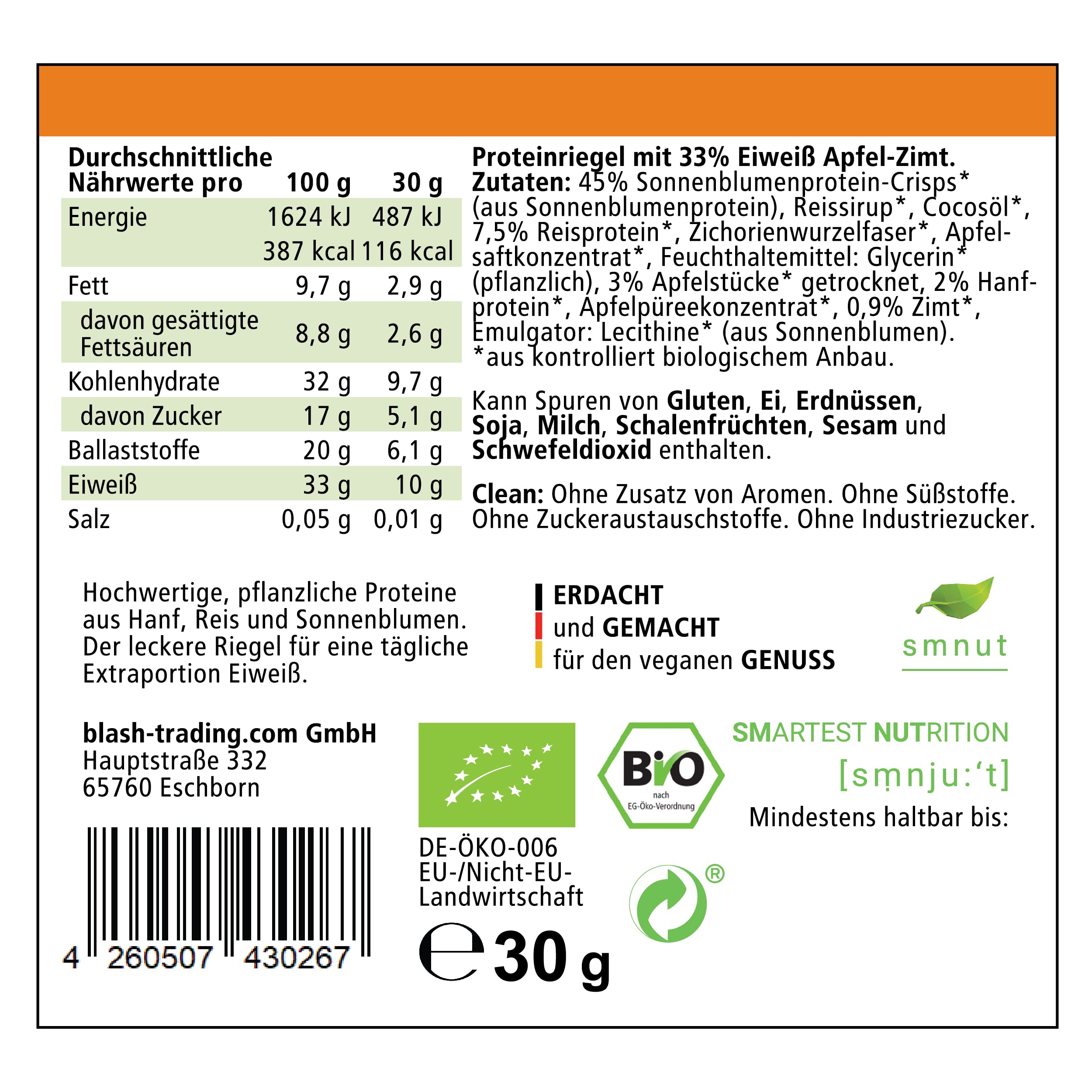 Chrupiący bio-baton proteinowy z 33% białka | cynamon jabłkowy CLEAN30 | bez aromatów, bez substancji słodzących | wegański, wysokowęglowodanowy | prawdziwy smak z naturalnych składników | opakowanie 12 szt