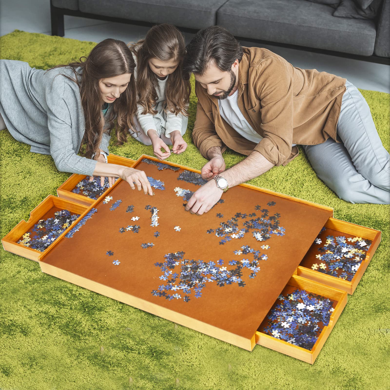 HOMASIS Tavolo Puzzle in Legno, Tavola Puzzle Board Gioco da Tavolo con 4 Cassettti per 1000-1500 PCS, 80 x 65 x 7 cm