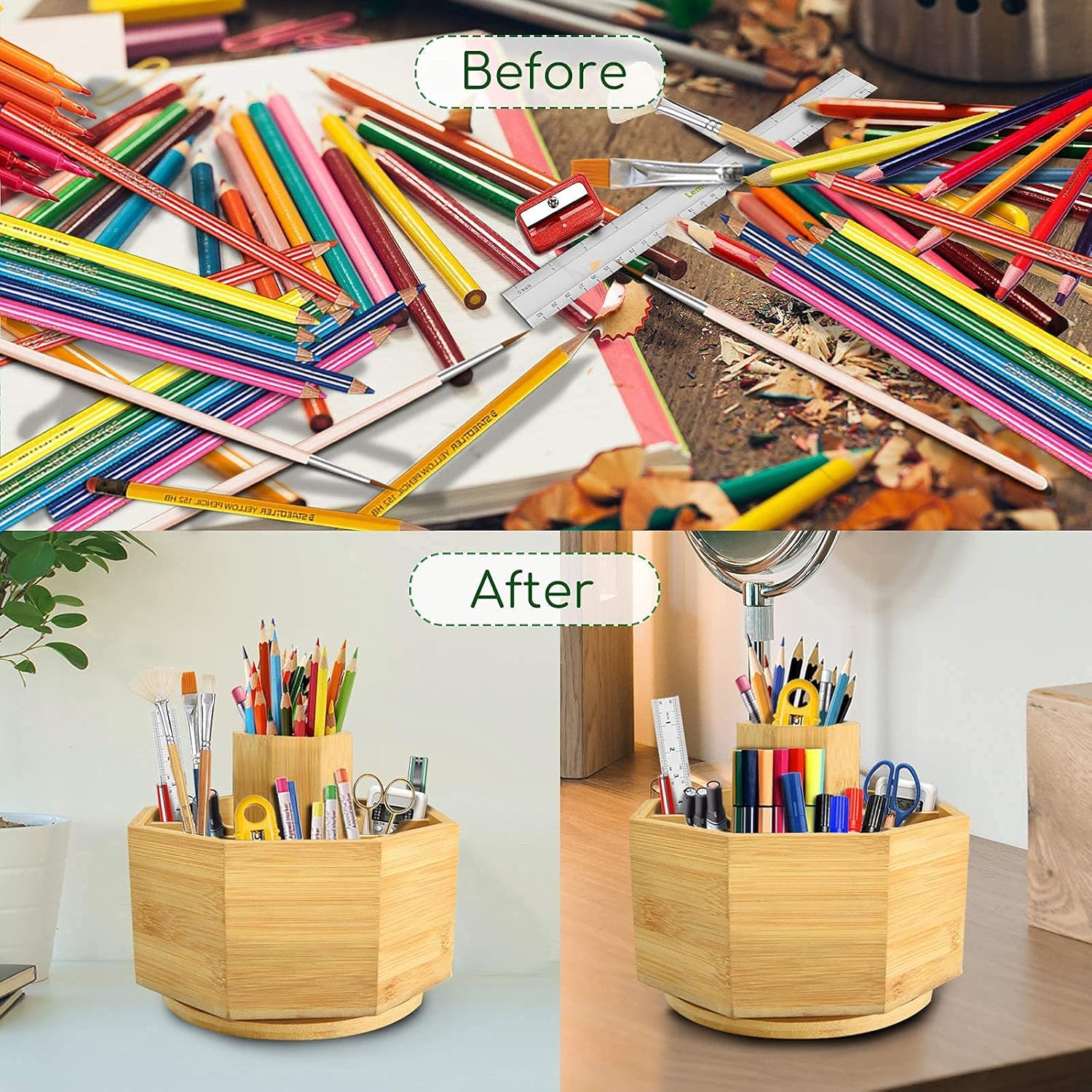 Bamboo Rotating Office & Art Supply Desk Organizer, 360 Degree Rotating Pen Holder with 9 Compartments, Desktop Storage Caddy with 9 Sections for Pens, Scissors, Clips, Sticky Notes & More : Office Products