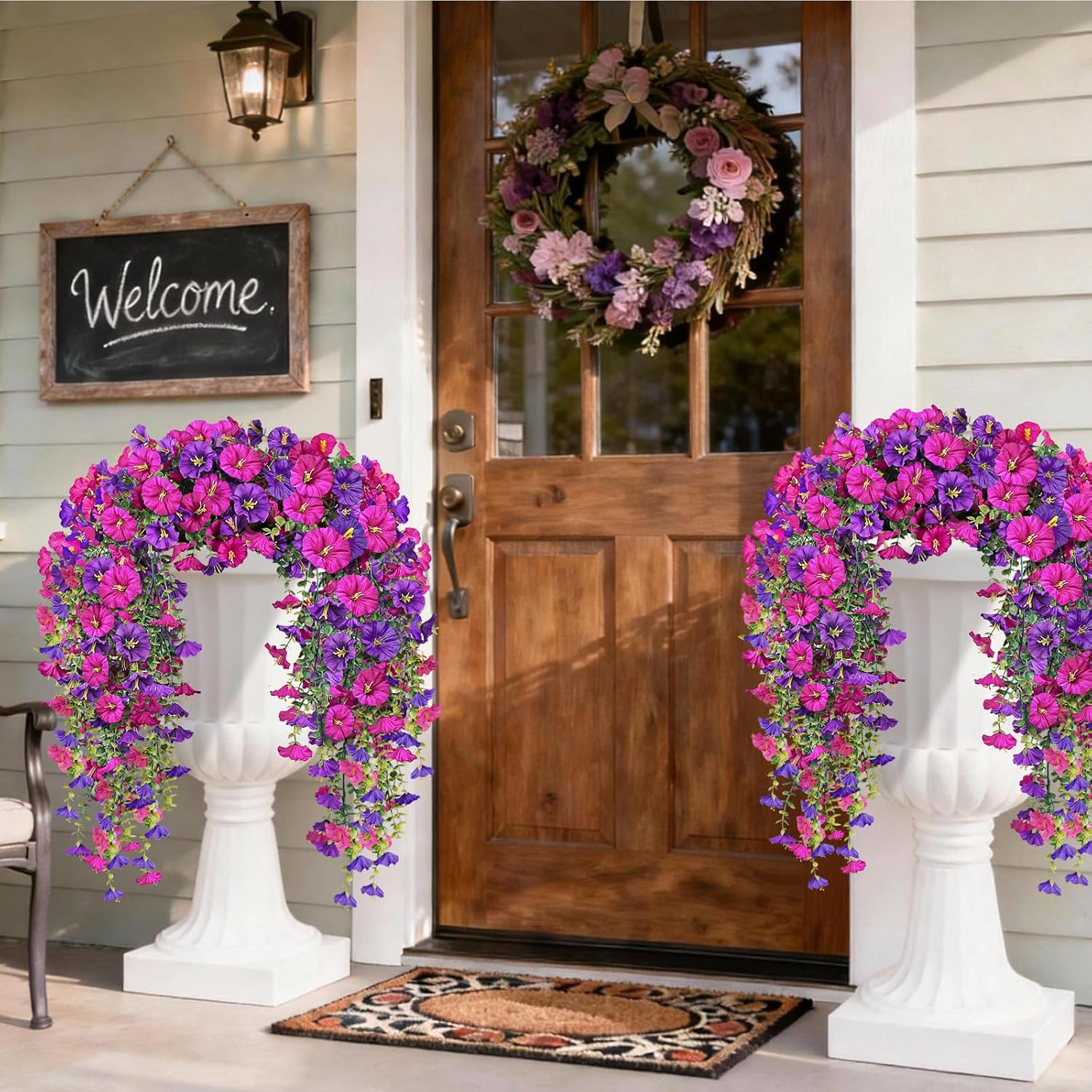 Artificial Hanging Flowers for Outdoors, 4 PCS 600 Blooms UV Resistant Morning Glory Faux Silk Vines, No-Odor Realistic Fake Plants for Garden Planter Porch Patio Decoration, Fuchsia & LightPurple