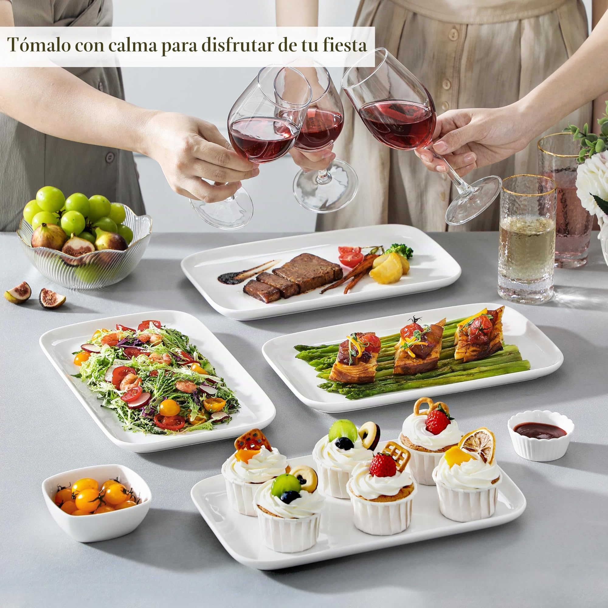 MALACASA Juego de 4 platos de servir grandes de porcelana para entretenimiento, platos rectangulares blancos de 12 pulgadas para fiestas, bodas, postres, ocasiones de lavavajillas, microondas