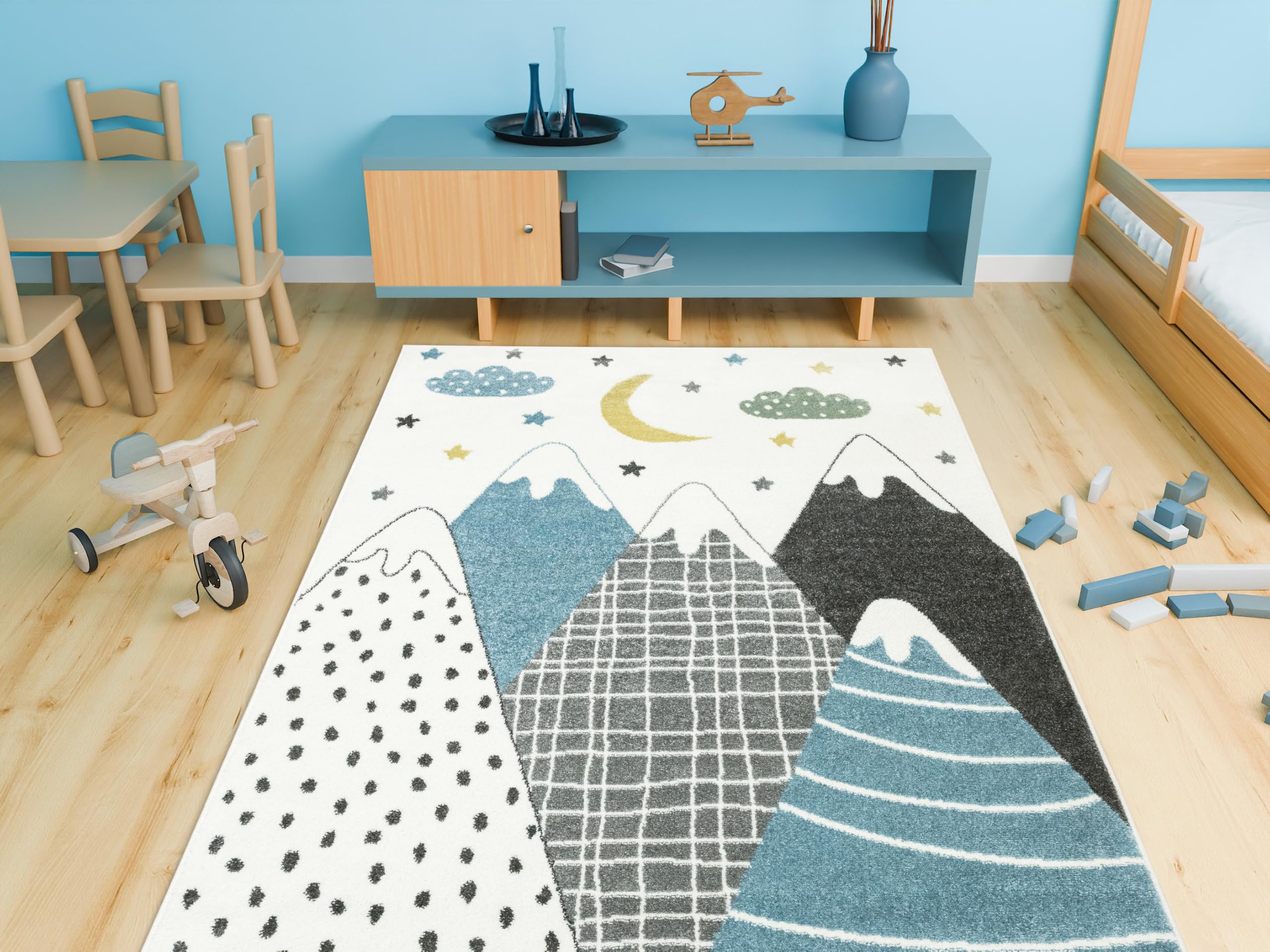 Lima Kinderteppich mit Bergen Sternen und Wolken, Creme Türkis