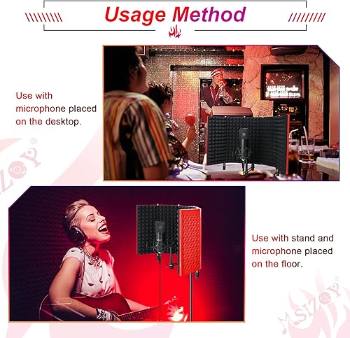Miniatura 4 de MSIZOY Escudo de aislamiento de micrófono rojo de 5 paneles con micrófono de alta densidad que absorbe el sonido Escudo de espuma para podcasts
