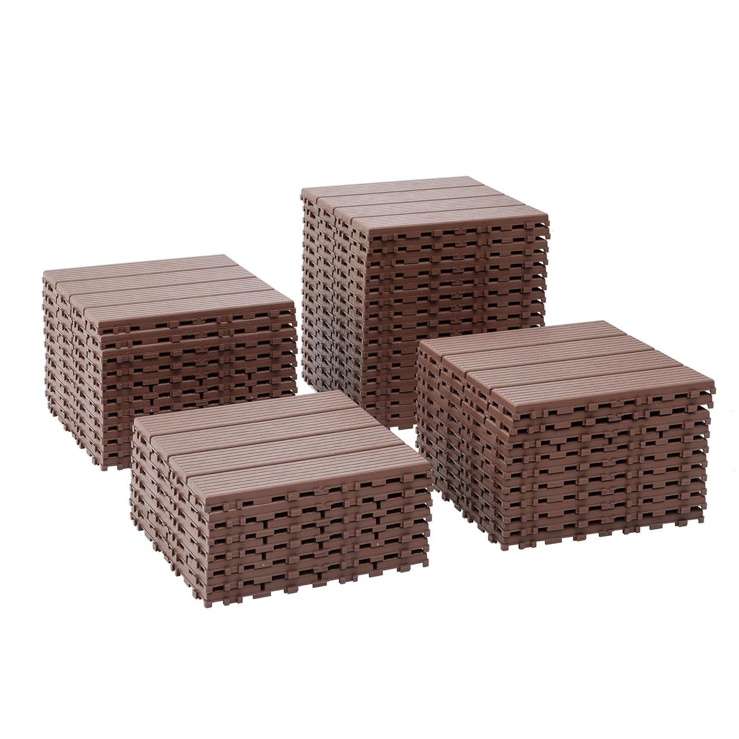 Universal Plastic Interlocking Tiles (44 Packs) - Weatherproof Deck for Outdoor, RV, and Balcony - Brown with Drainage Design