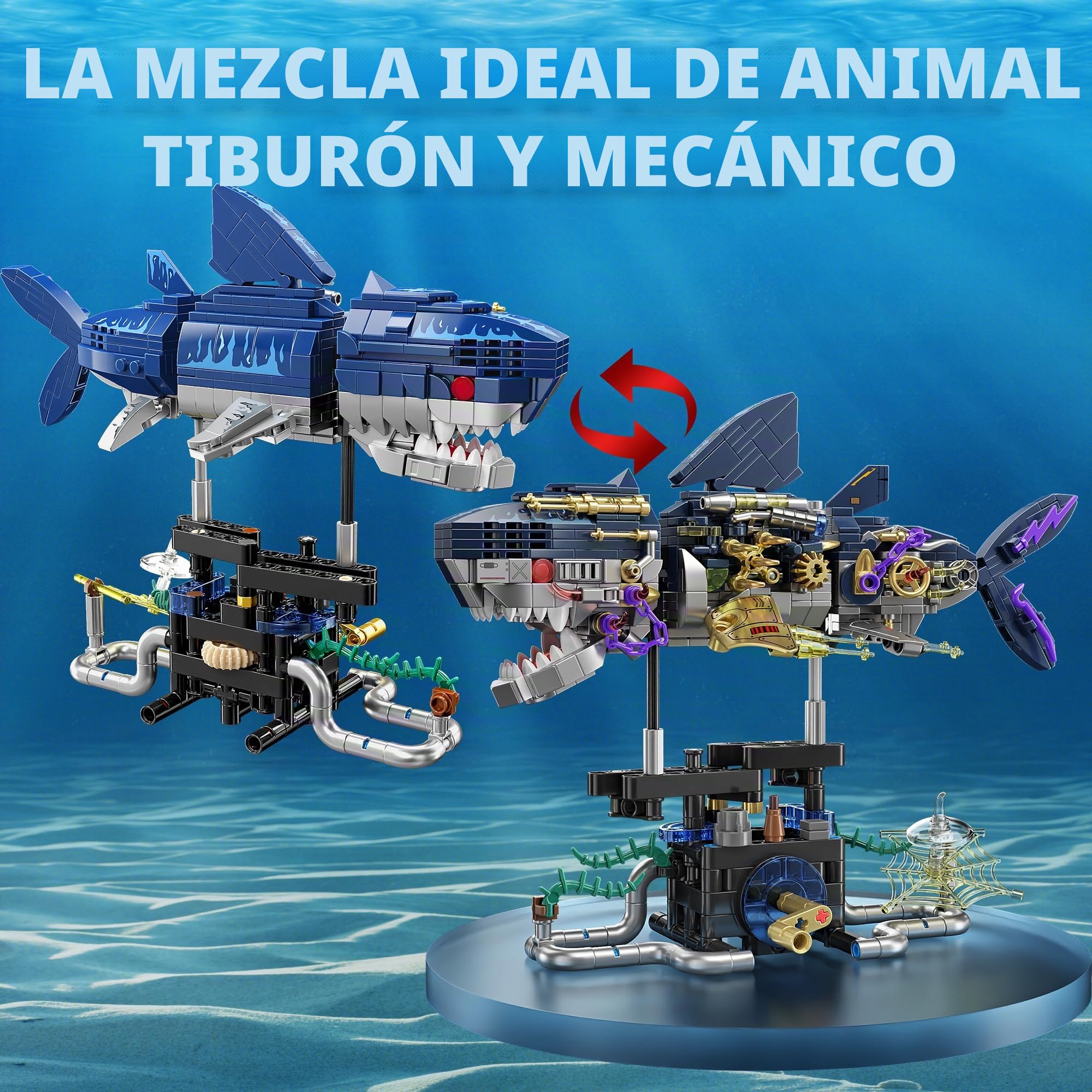 TYCOLE Tiburón Mecánico en Bloques, Juego de Construcción Stem con Soporte