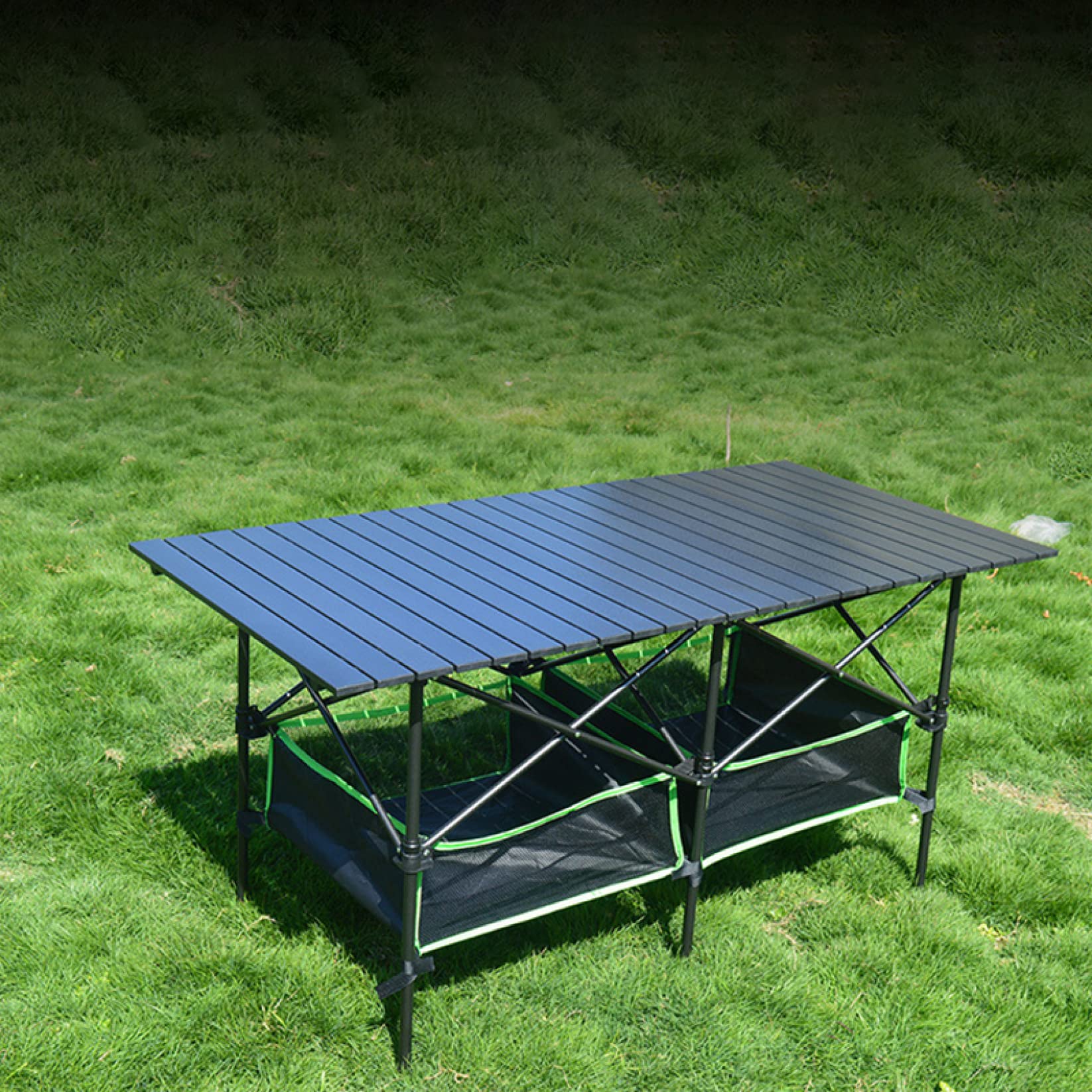 アウトドア テーブル アルミ ロールテーブル ブラック　キャンプ　120ｃｍ FIELDOOR（フィールドア） | アルミロールトップテーブル