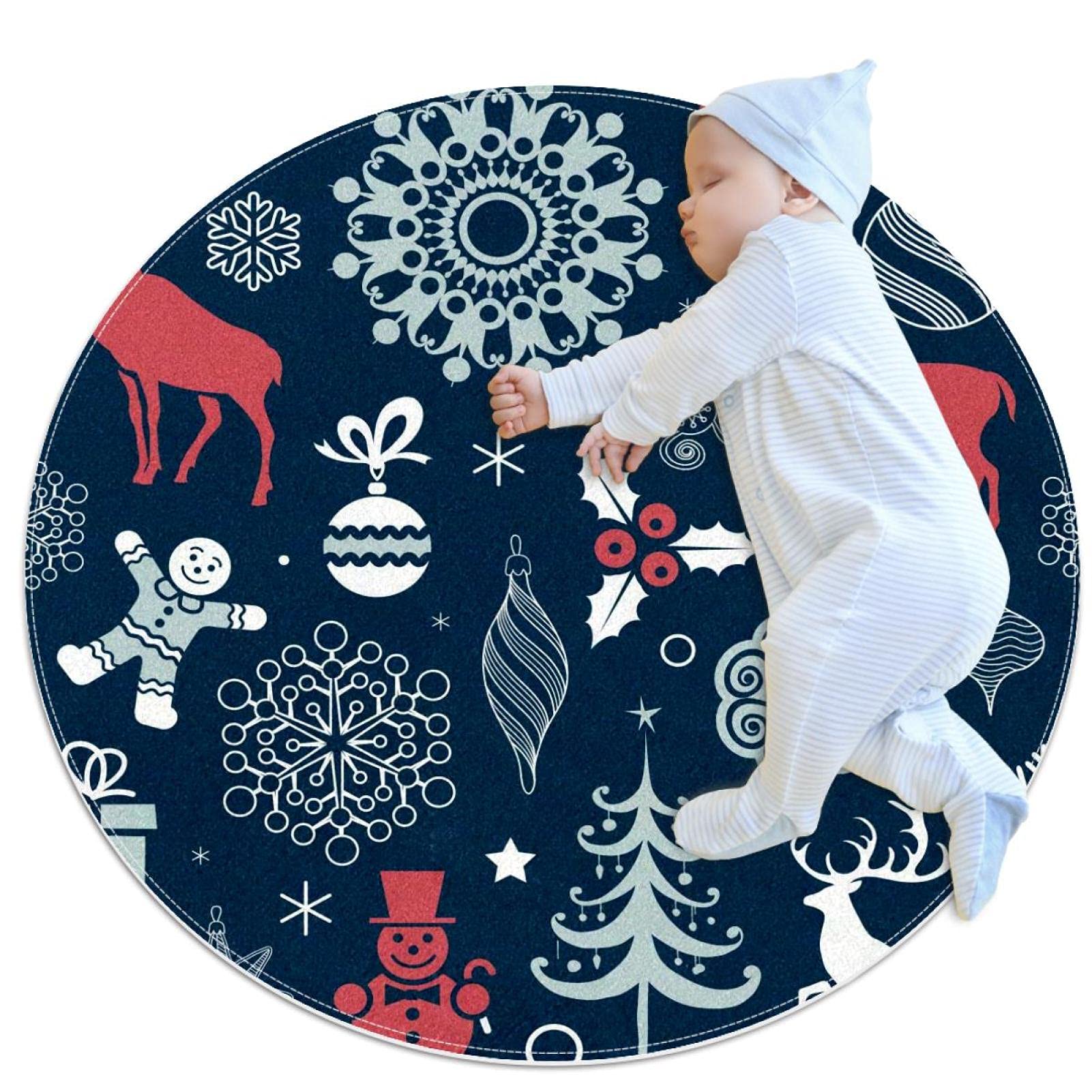 Tapis cerfs de Noël rond 100cm anti-poussière pour salon et salle de jeux