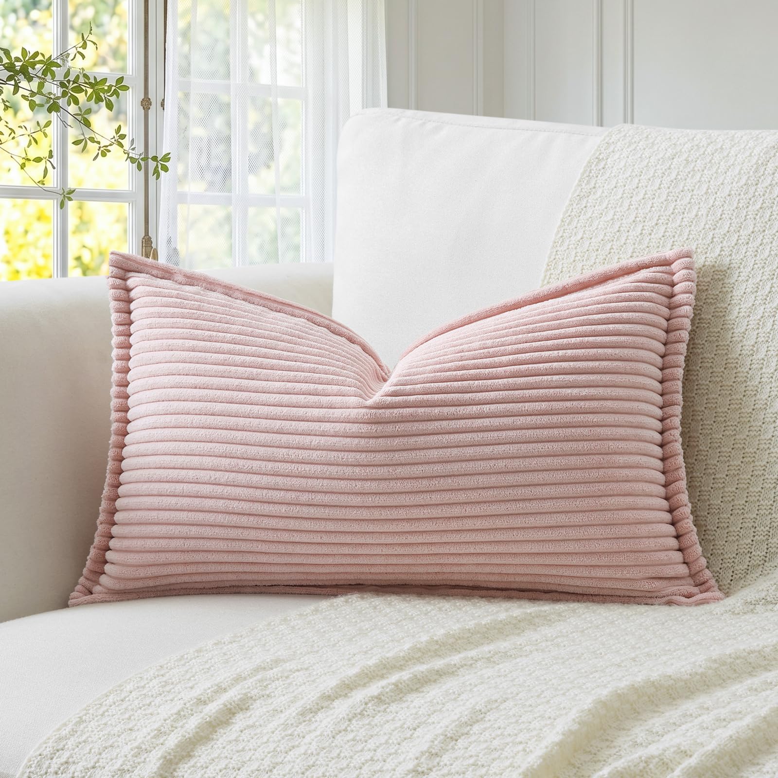 Sungeek Pink Corduroy Decorative Cushion Covers 30x50 cm, Boho Lumbar Soft Striped Throw Pillow Covers with Stitched Edge Farmhouse Home Deco for Sofa Living Room Couch, Set of 1