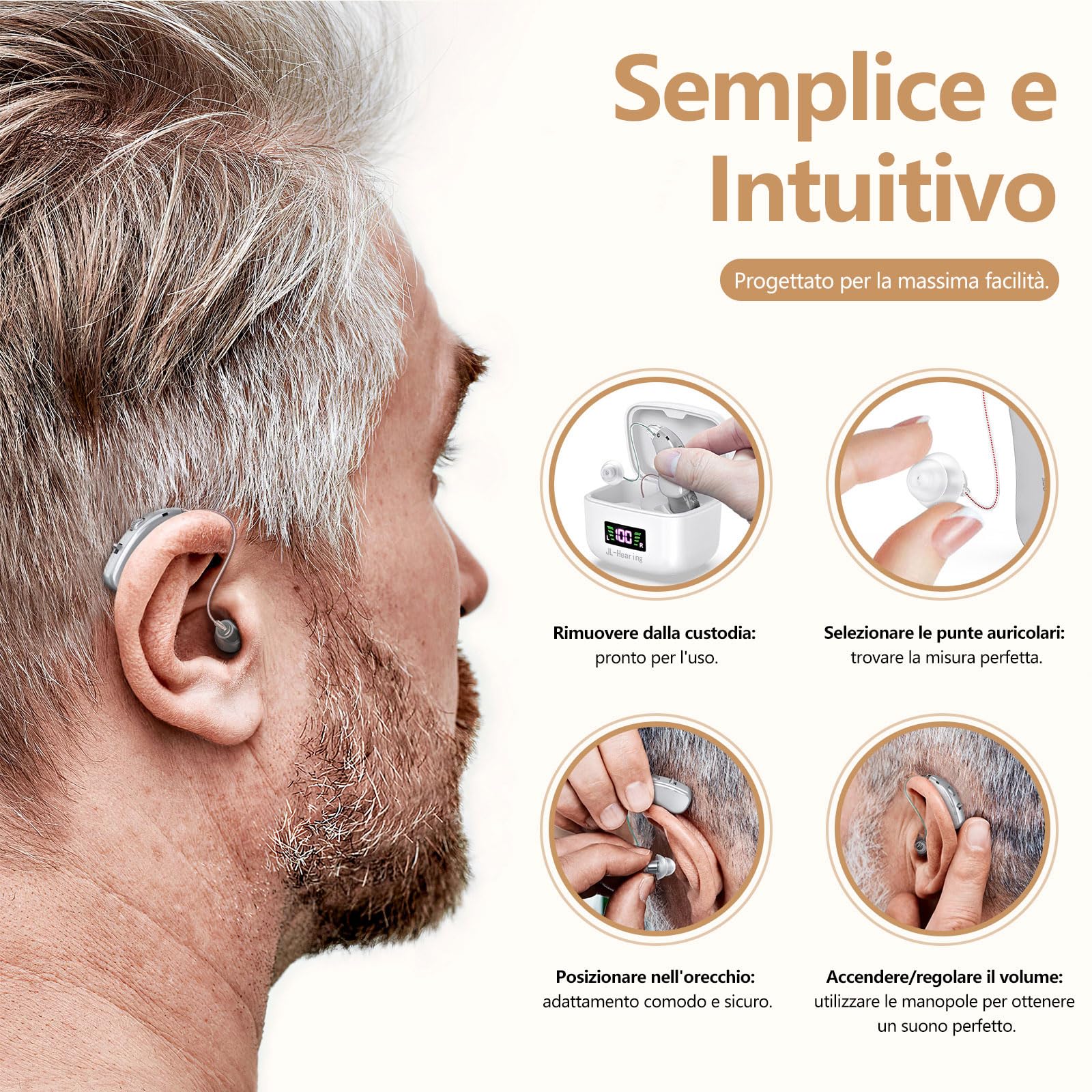 Dispositivo ricaricabile, argento, doppio auricolare, visualizza il livello di carica residua della batteria