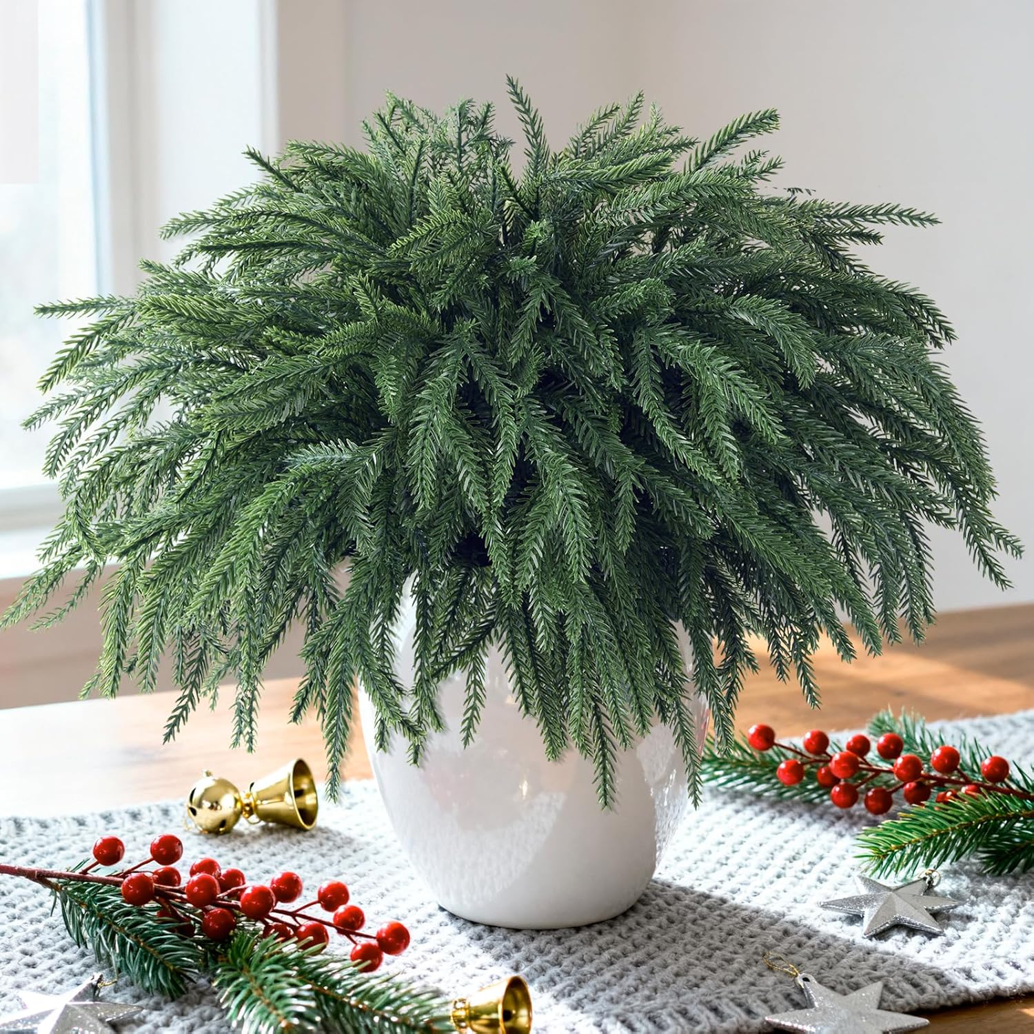 10 Pcs Christmas Norfolk Pine Stems Artificial Pine Branches, 16“ Real Touch Fake Christmas Greenery Stems, Faux Cedar Branches Picks for Vase DIY Crafts Garland Wreath Xmas Indoor Outdoor Home Decor Dark Green 10