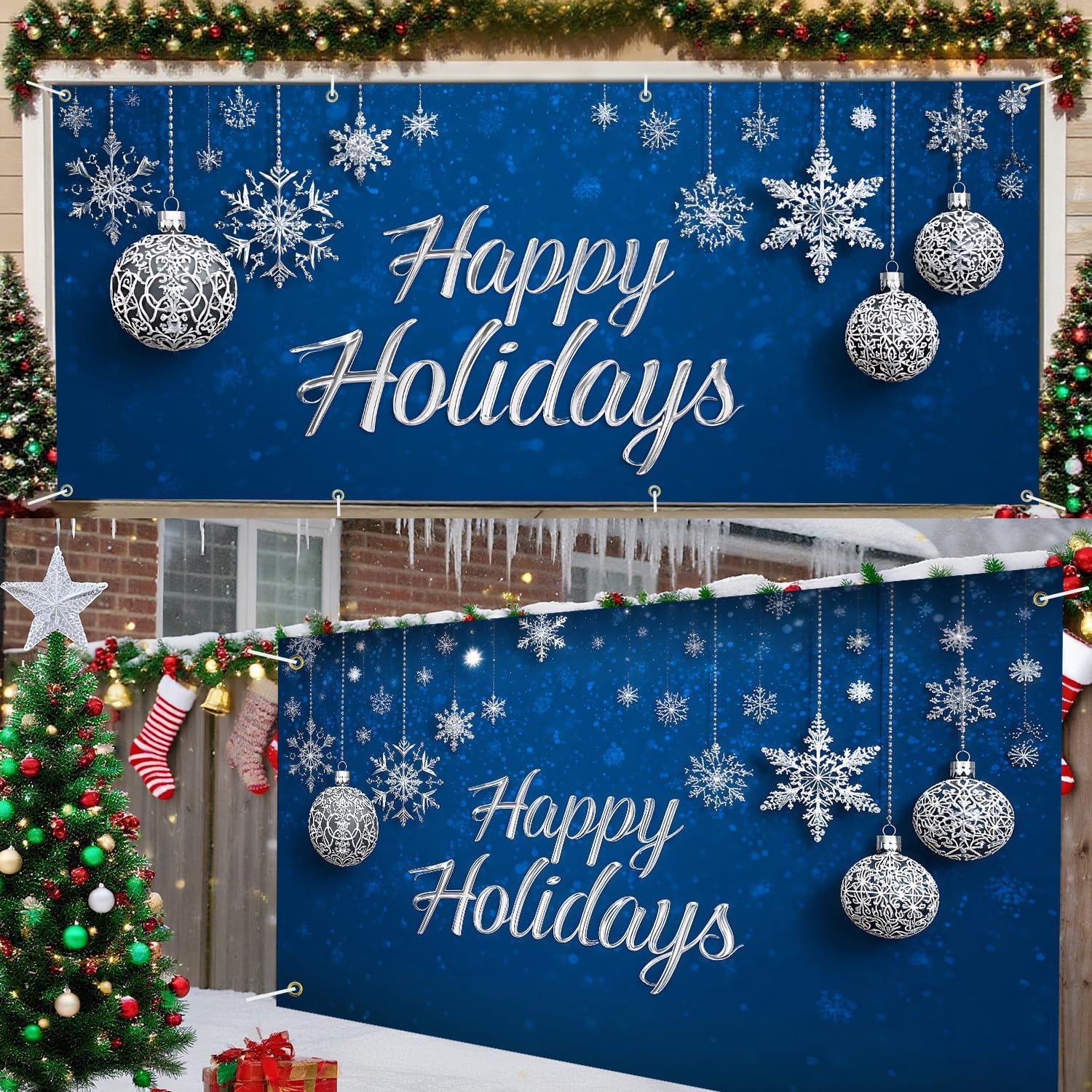 1PC 13 x 6 ft Happy Holidays Garage Door Banner + 1PC 71x43 Inch Merry Christmas Banner Outdoor Decoration
