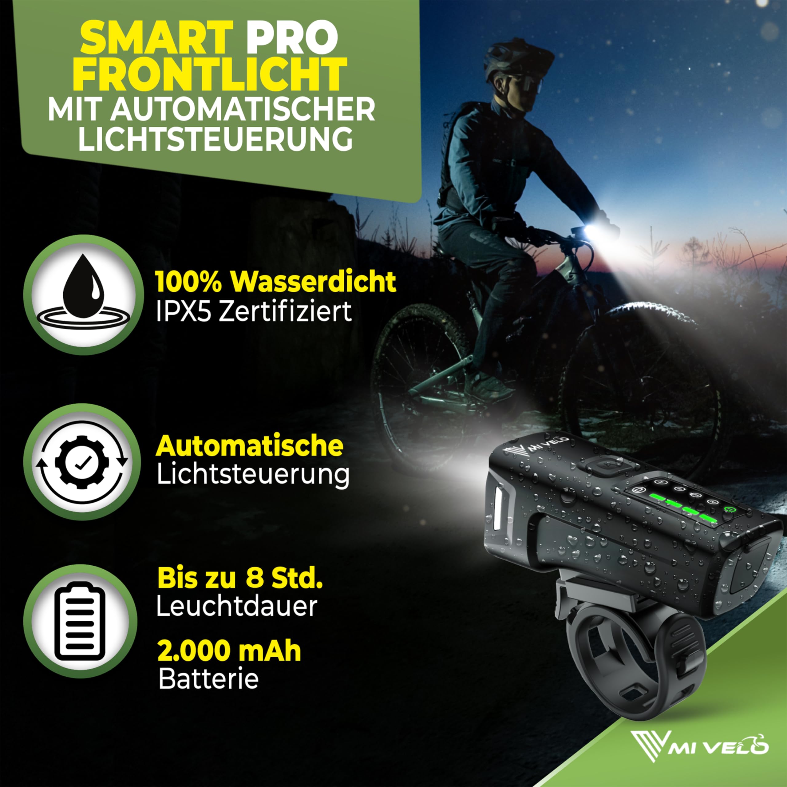 MIVELO Smart Kit d'éclairage de vélo 100 lux, batterie d'alimentation 2000 mAh, capteur de voiture, approuvé StVZO, rechargeable par USB et étanche, lampe avant et feu arrière de vélo, éclairage LED
