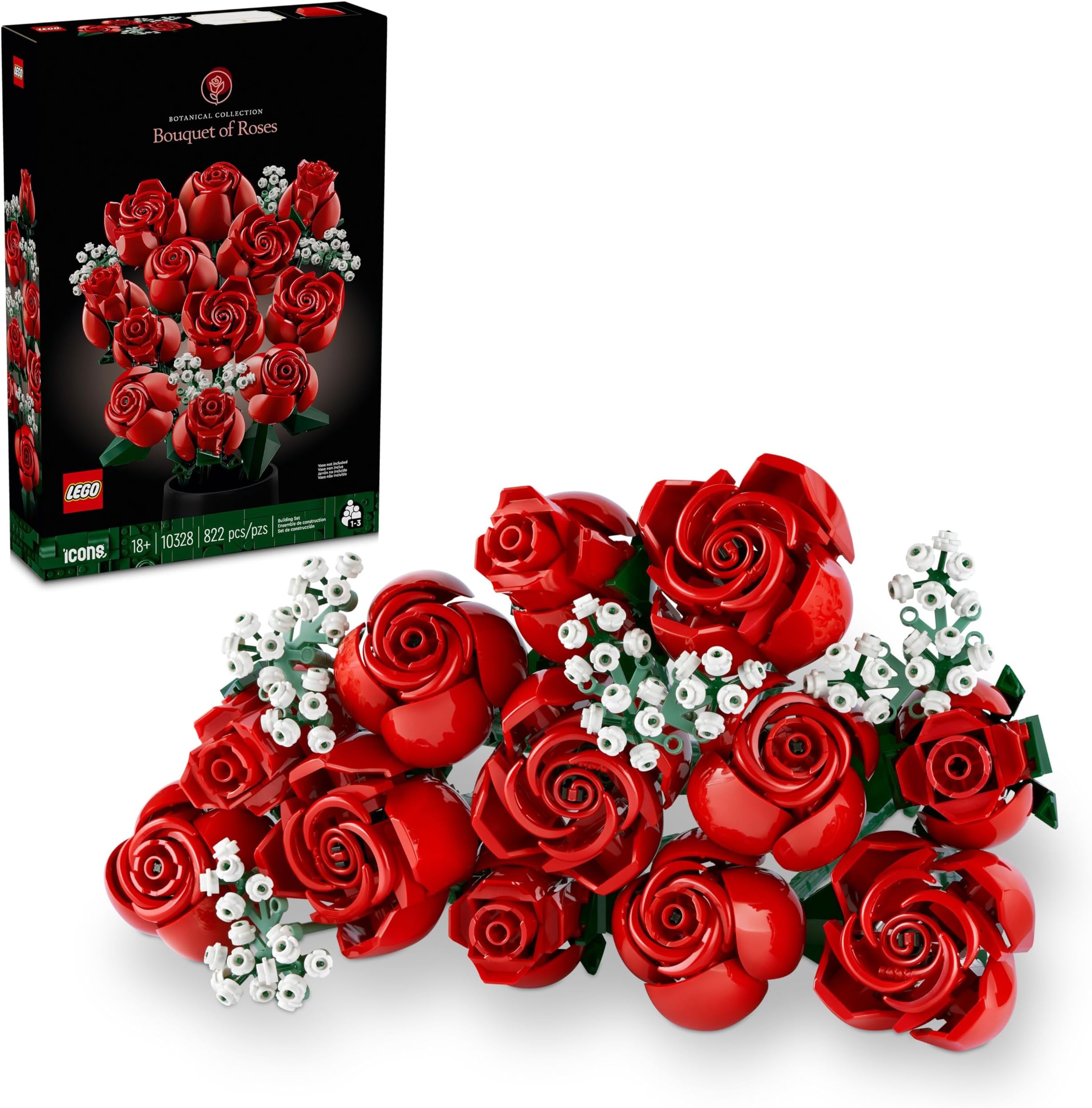 Botanicals Bouquet of Roses Artificial Flowers - Fake Red Roses Building Set for Adults, Ages 18+ - Gifts for Birthdays for Her - Home Decor for Table Display - 10328