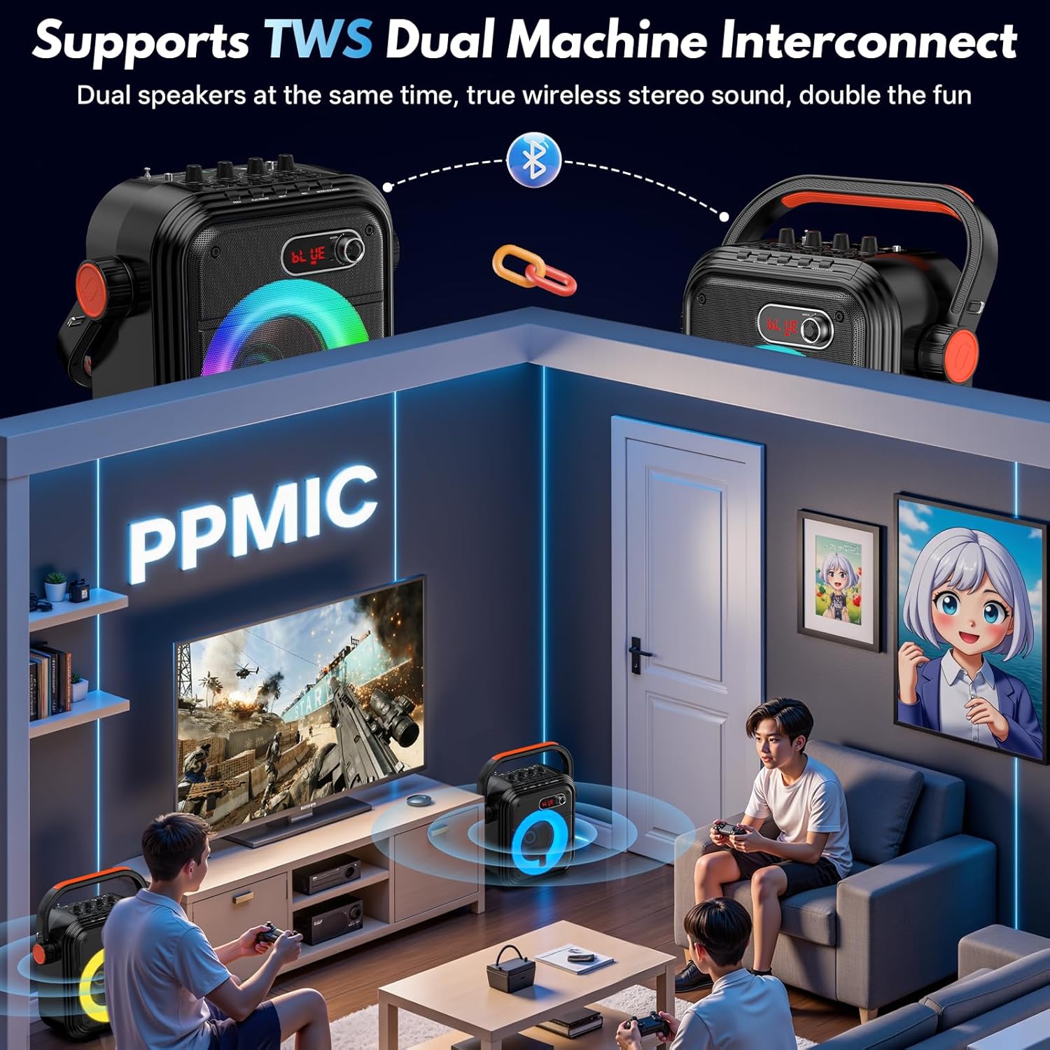 PPMIC Karaoke Machine with 2 Wireless Microphones, Portable Bluetooth 5.3 Speaker with Echo/Bass/Treble Adjustment for Adults Kids, Support TWS/TFCard/USB/AUX/Live/Rec and TVs Connected For Home Party