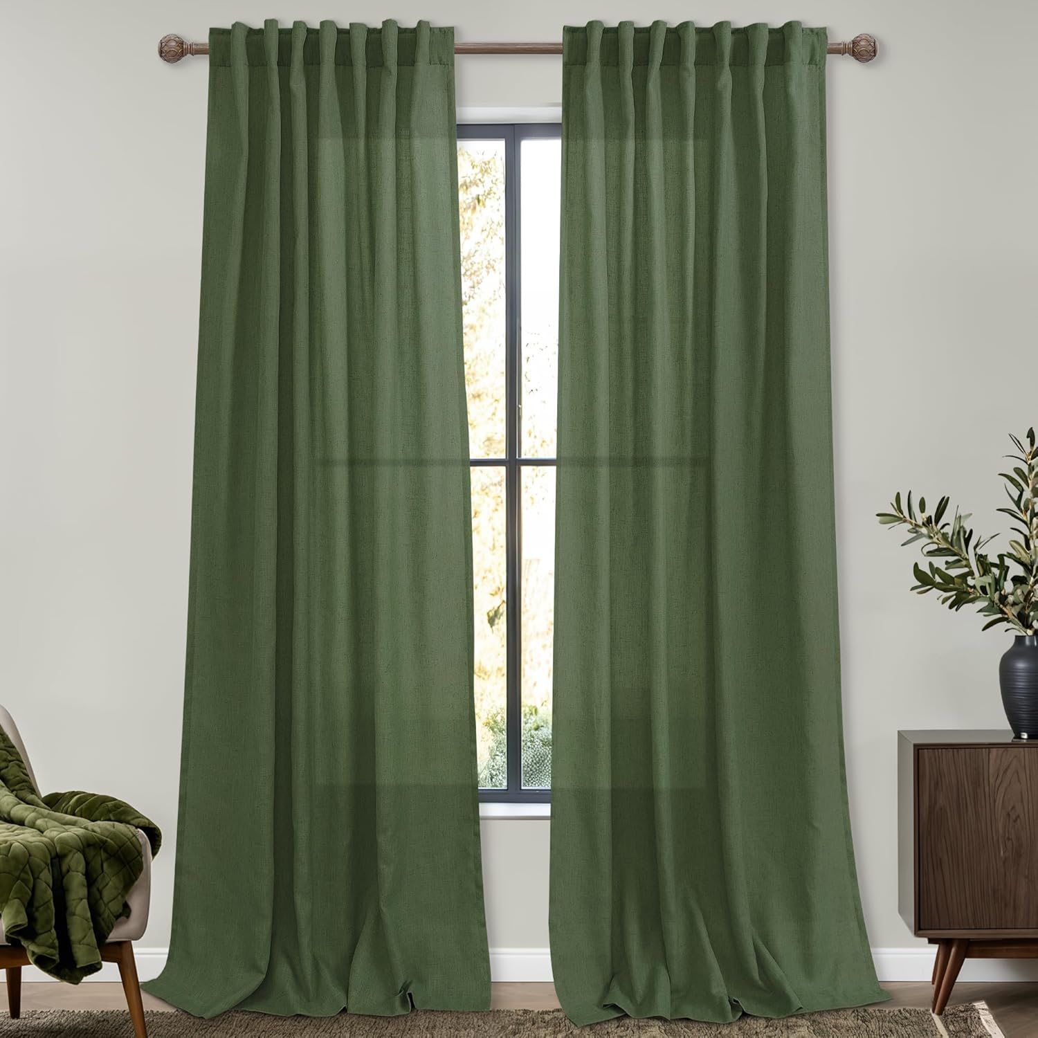 Mrs.Naturall Olive Green Linen Curtains 90 Inch Length for Living Room 2 Panels Set Back Tab Pocket Light Filtering Sheer Boho Curtain Drapes for Bedroom 52x90 Long