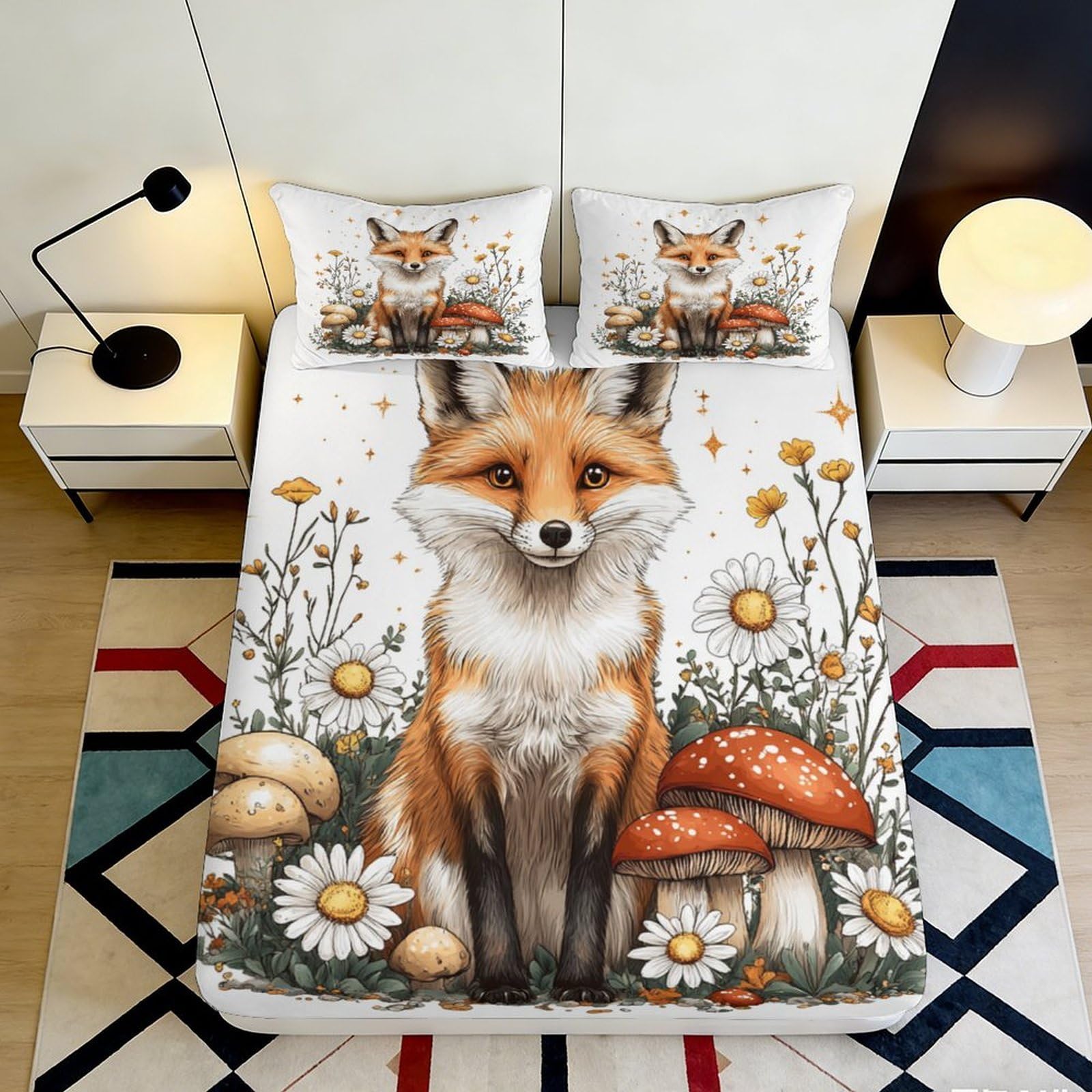3D Printed Fox Forest Fitted Sheet Microfiber Soft Breathable Woodland Mushroom Mattress Cover Bedroom Decor 90x200x25cm