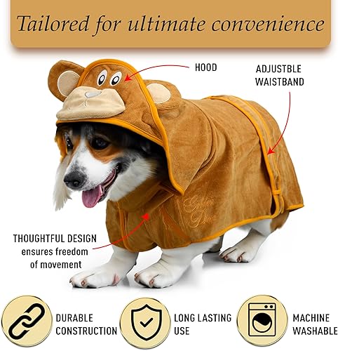 Miniatura 7 de Bata de baño para perros 100% algodón para mascotas, suave, súper absorbente, de secado rápido e hipoalergénica, con banda de cintura ajustable,