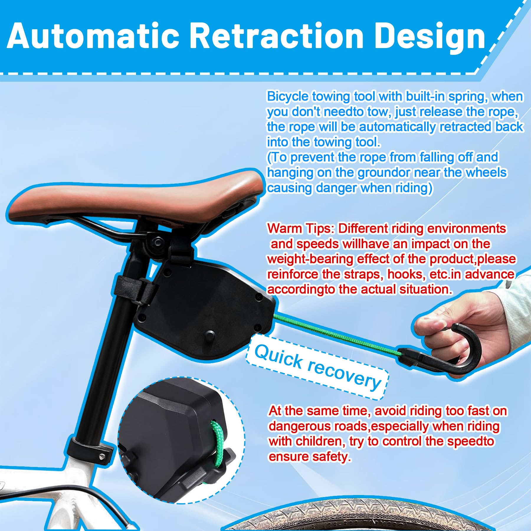 YeahBoom Corda di Traino per Bicicletta,2,5M Bar Trazione Velo Bambino,Sistema di Traino della Bicicletta Retrattile,Fune da Traino Bambini Portatile per Bici MTB e Corda di Traino Genitore Bambino