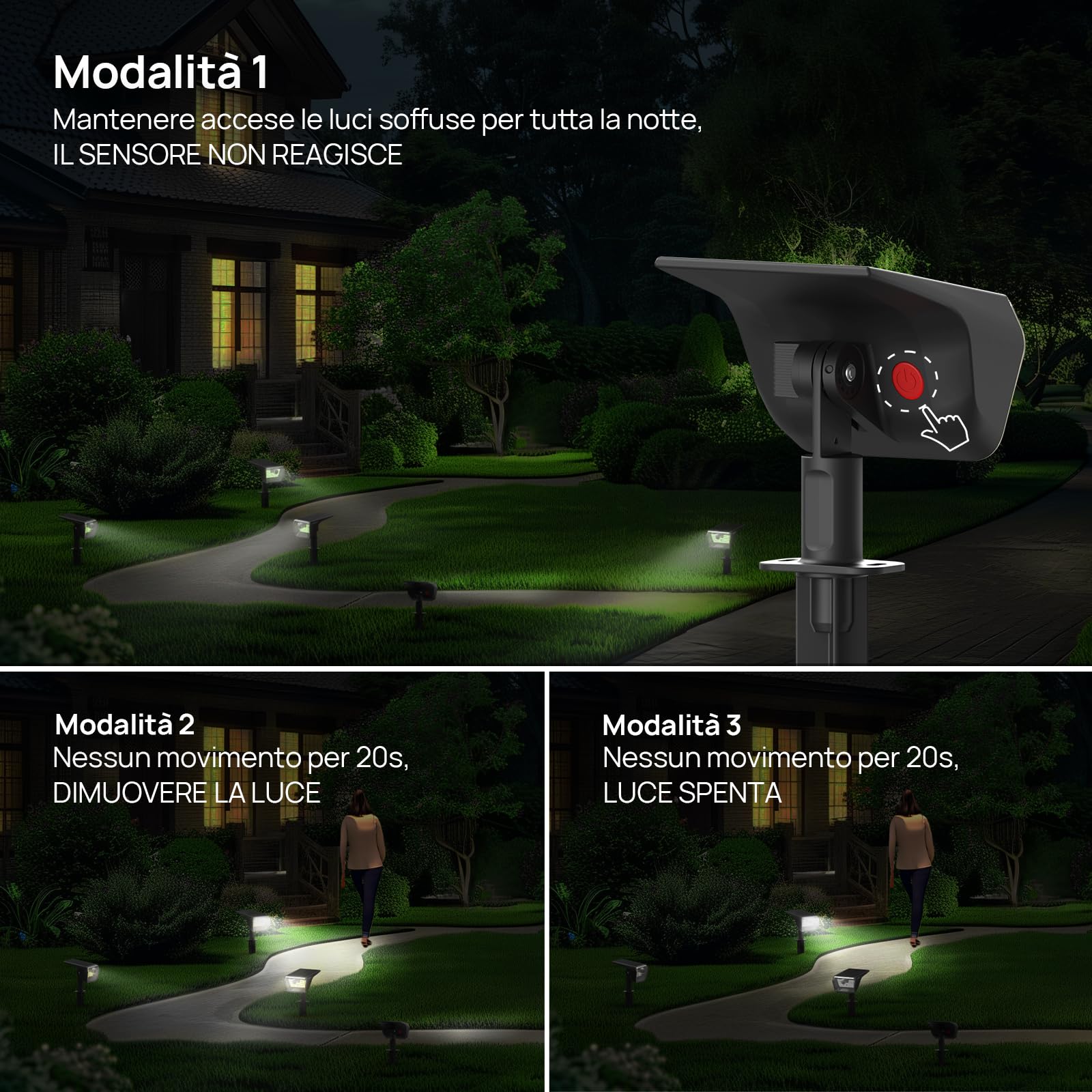 Linkind lampade solari 2 in 1 Luci Solari Esterno Giardino con Sensore di Movimento,3000K & 6500K, 60 LED faretti energia solare da esterni con indicatore di carica,impermeabili IP67,6 Pezzi