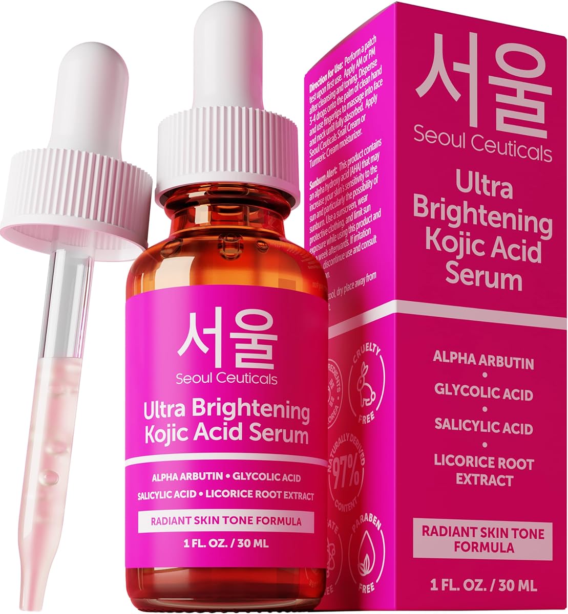 Suero de ácido kójico para el cuidado de la piel coreano, eliminador de manchas oscuras, 1 oz | Suero ultrabrillante con alfa arbutina, ácido glicólico y salicílico para hiperpigmentación y tono de piel uniforme, K Beauty