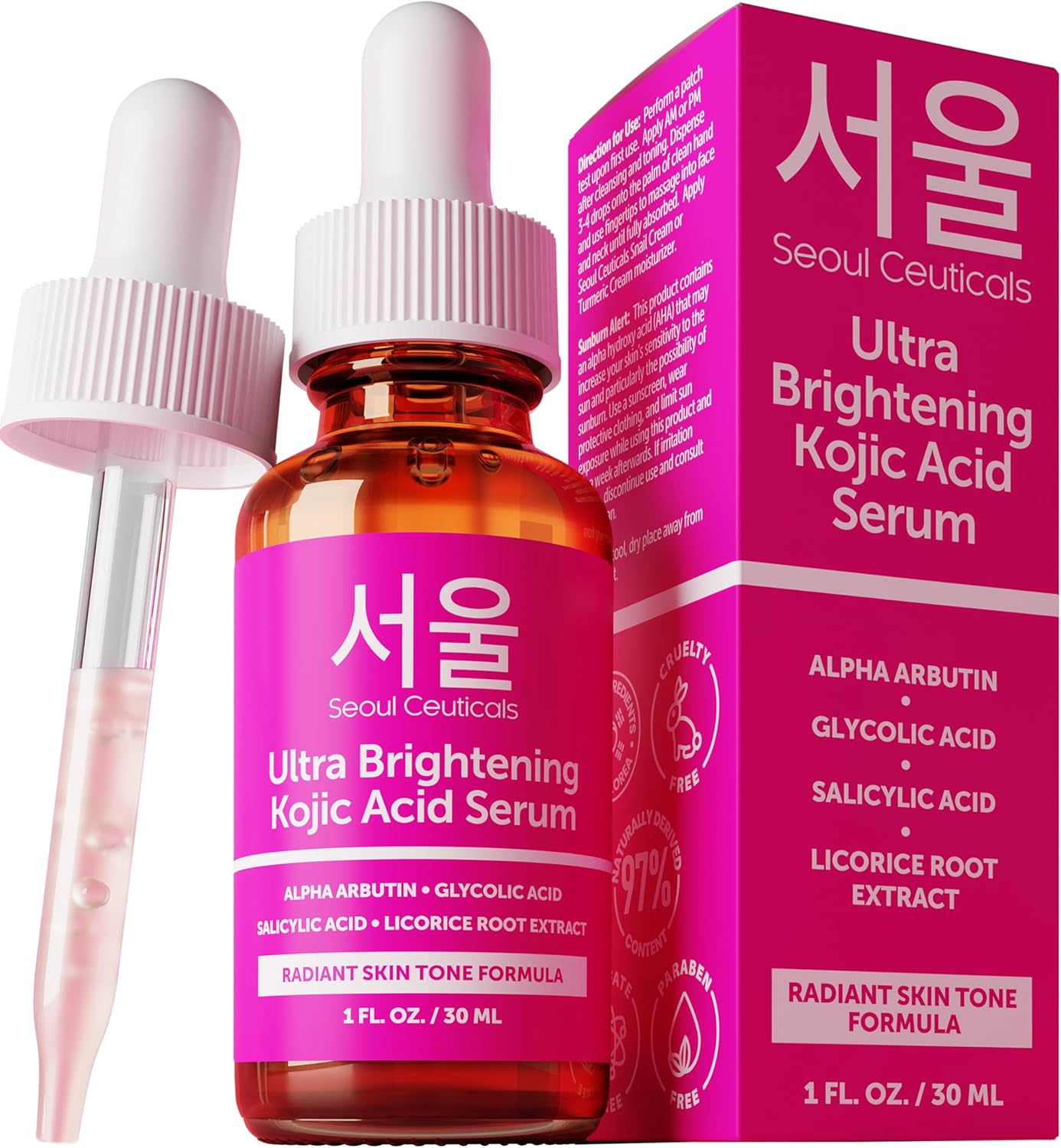 SeoulCeuticals Korean Skin Care Ultra Brightening Serum – Dark Spot Remover Kojic Acid Serum – Alpha Arbutin Serum Made for Face Glow – K Beauty Salicylic, Glycolic Acid Glow Face Serum, 1oz
