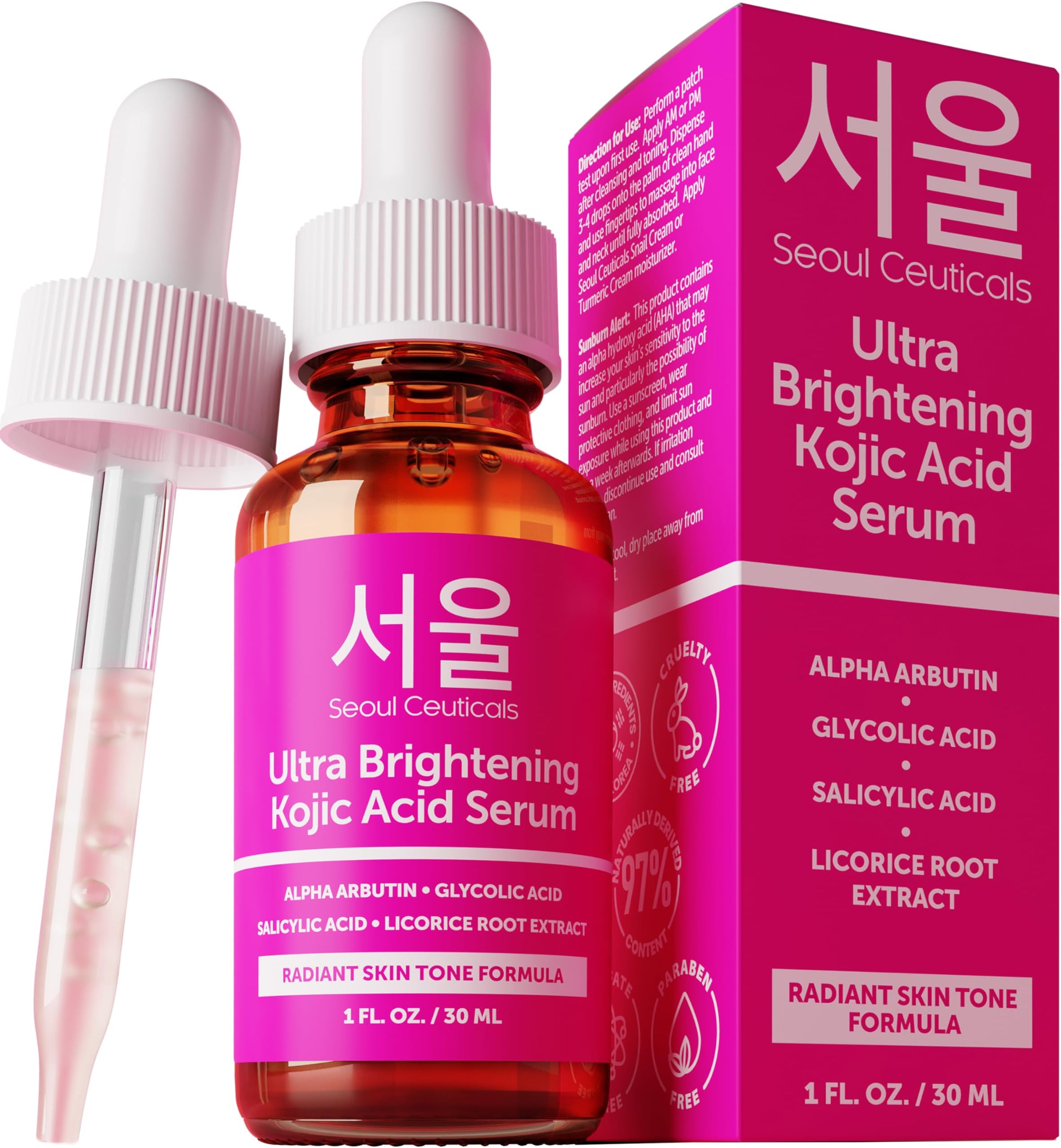 Korean Skin Care Ultra Brightening Serum - Dark Spot Remover Kojic Acid Serum - Alpha Arbutin Serum Made for Face Glow - K Beauty Salicylic, Glycolic Acid Glow Face Serum, 1oz