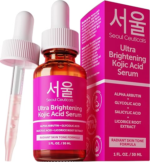 SeoulCeuticals Korean Skin Care Kojic Acid Serum Alpha Arbutin – Dark Spot Remover Corrector Glycolic Acid + K Beauty 1oz