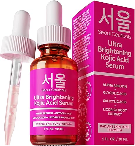 SeoulCeuticals Korean Skin Care - Suero de ácido kójico Alpha Arbutin Serum – Suero corrector de manchas oscuras ácido glicólico + ácido salicílico