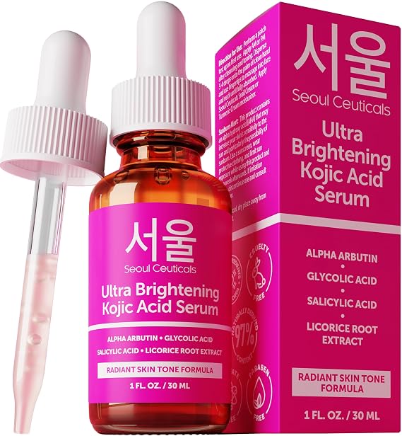 SeoulCeuticals Korean Skin Care Kojic Acid Serum Alpha Arbutin Dark Spot Remover Corrector Glycolic Acid + Salicylic Acid K Beauty 1oz
