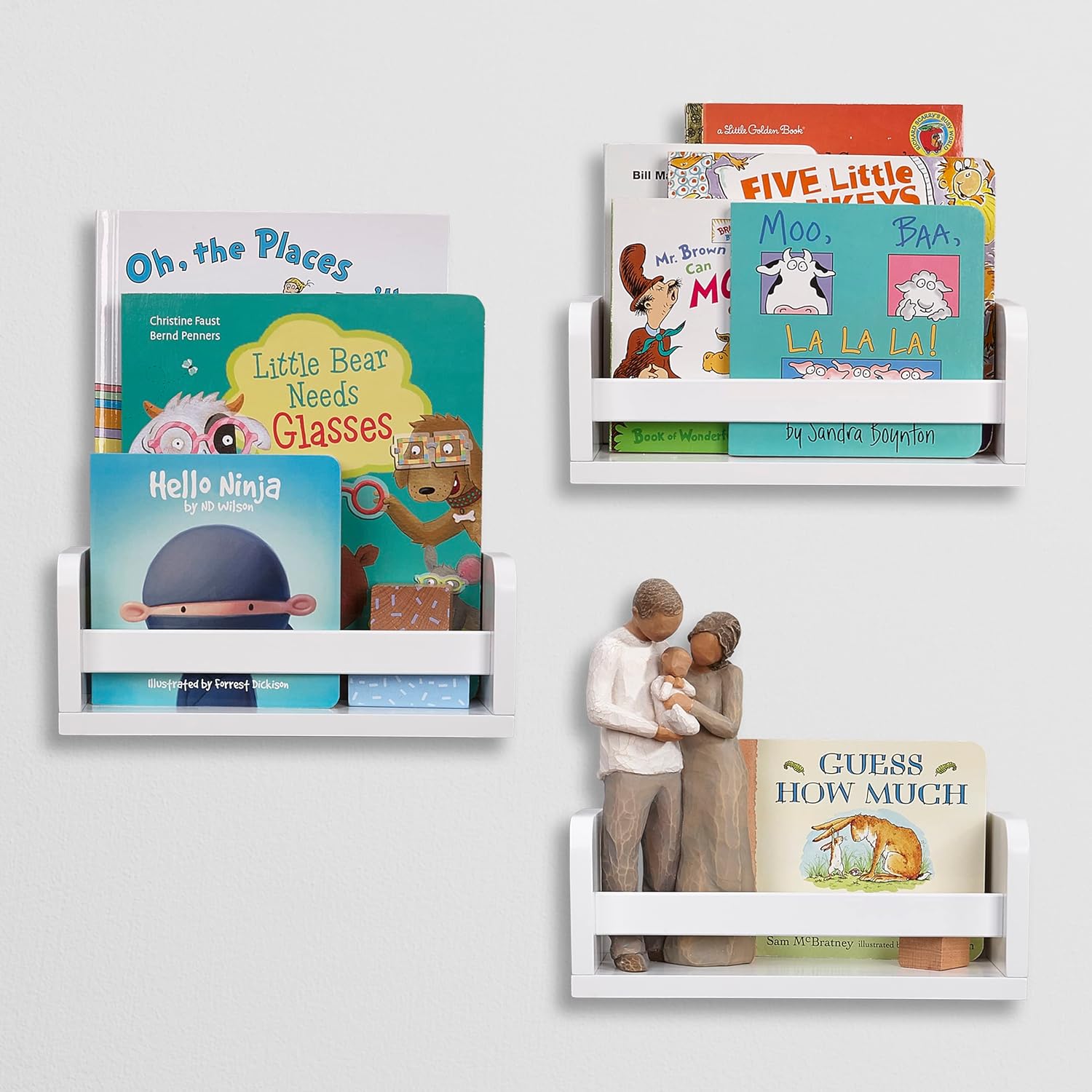 RiverRidge Kids Small 10" Floating Wall Mount Bookshelves (3) - Versatile Decor for Nursery, Playroom, Living Room, & Office - Compact Book Shelf with Front Bar for Secure Display of Books & Décor