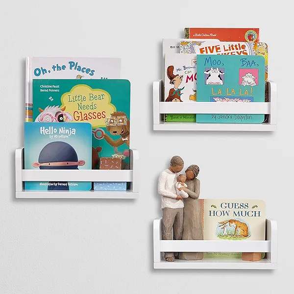 RiverRidge Kids Small 10" Floating Wall Mount Bookshelves (3) - Versatile Decor for Nursery, Playroom, Living Room, & Office - Compact Book Shelf with Front Bar for Secure Display of Books & Décor