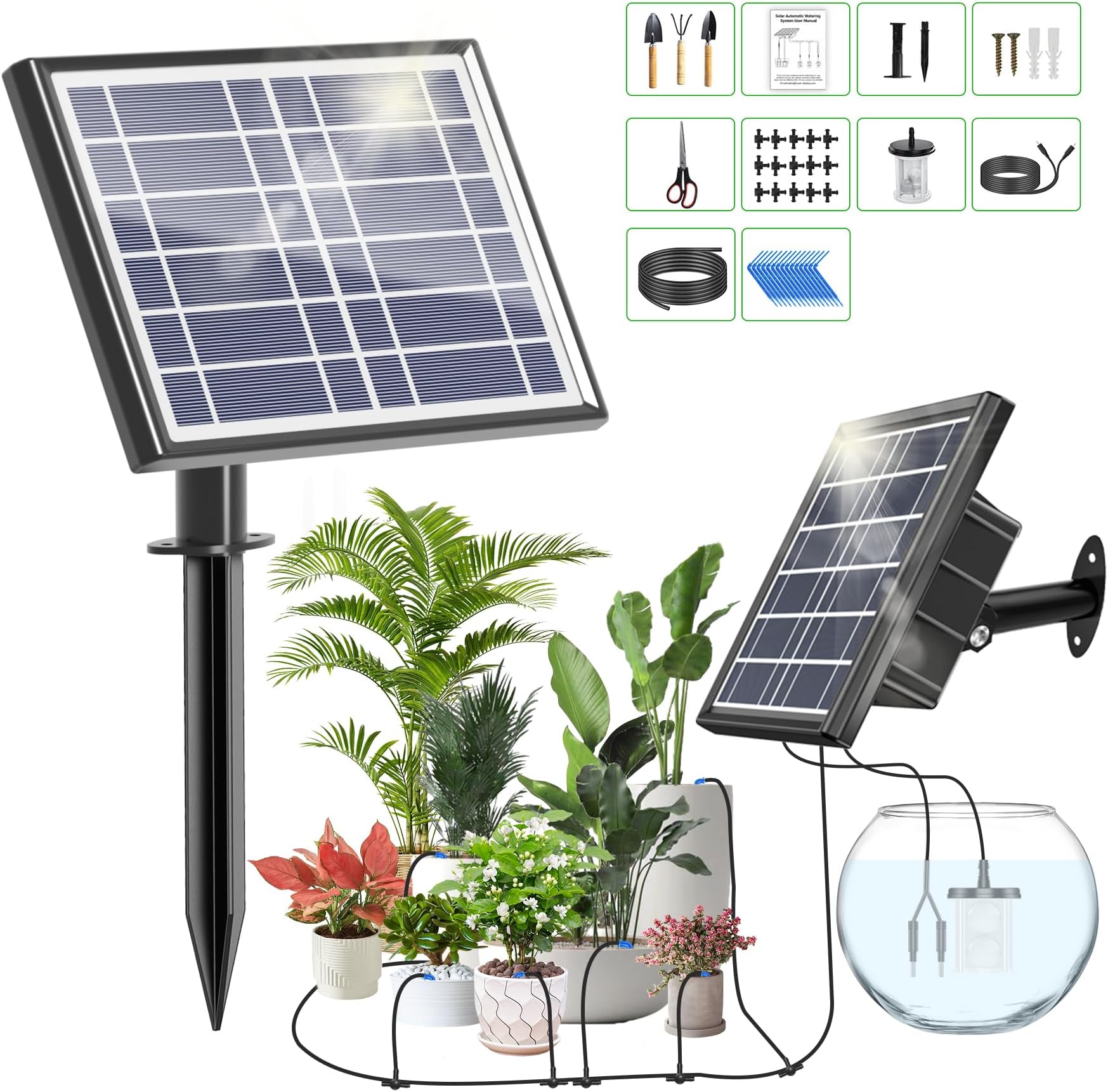 Solar Drip Irrigation System, 3W Solar & USB Power Drip Irrigation System Kit Indoor Garden Balcony Automatic Plant Watering System Multi-Timing Mode(Digital screen-15 pots)