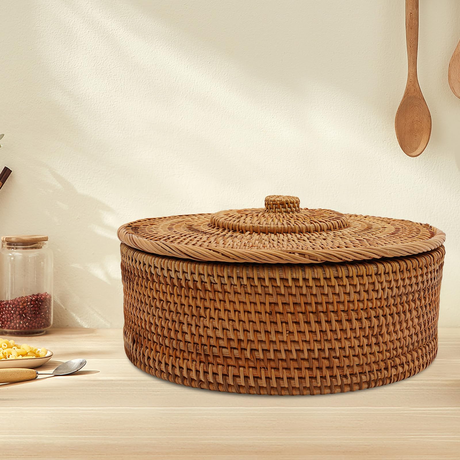Cesta de almacenamiento de ratán trenzado, cesta con tapa, cesta de mimbre natural, cesta de armario, organizador de estantes de mesa, cesta trenzada hecha a mano (A)