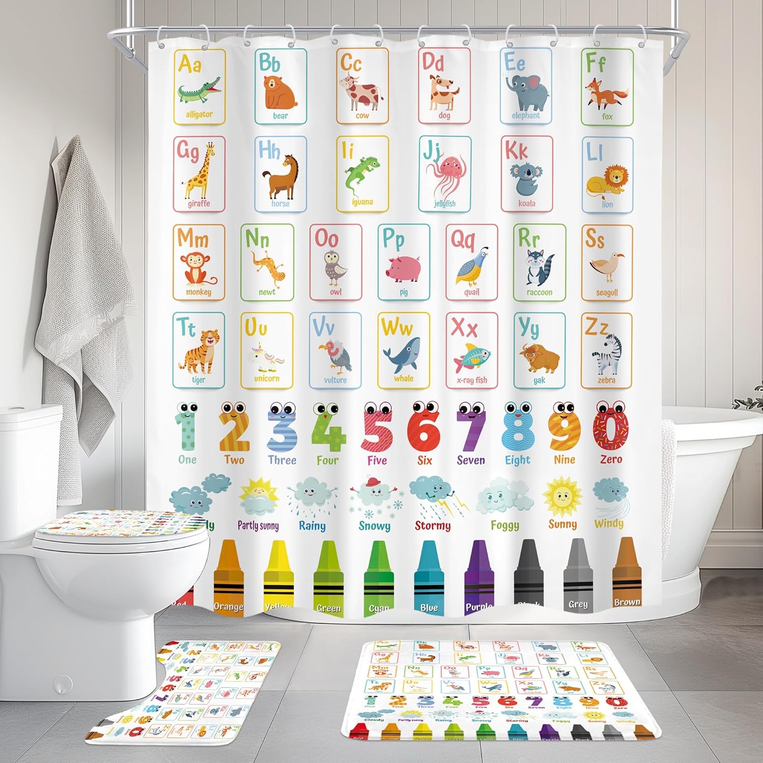 Cinbloo 4Pcs Alphabet ABC Kids Shower Curtain Set, Children Cartoon Cute Animal Colorful Educational Bathroom Curtain with Rug, Toilet Lid Cover, Bath Mat, Number Learning Shower Curtain with 12 Hooks