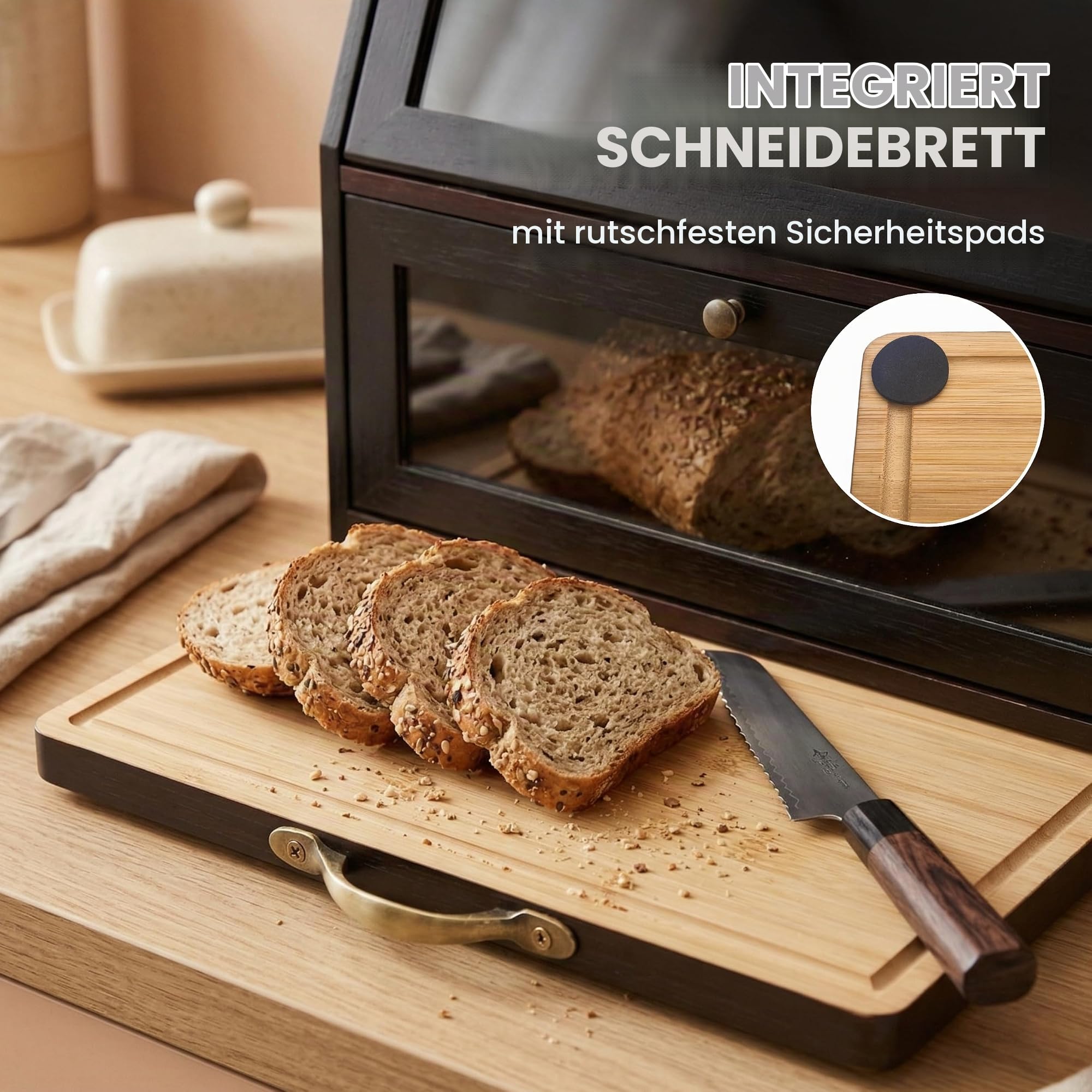 Brotkasten Holz im Vintage Landhaus-Stil – Große Brotaufbewahrungsbox mit 2 Etagen & Integriertem Schneidebrett – XXL Brotaufbewahrung Schwarz aus Bambus – Traditioneller Brotbehälter Frischhaltend