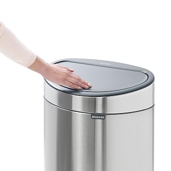 Brabantia Press-Top Kitchen Trash Can with Flat Back | Brilliant Steel | 10.6 Gallon / 40L | Home Trash Can with Soft-Touch Stay-Open Lid & Removable Inner Bucket | Flat Against Wall | + Trash Bags