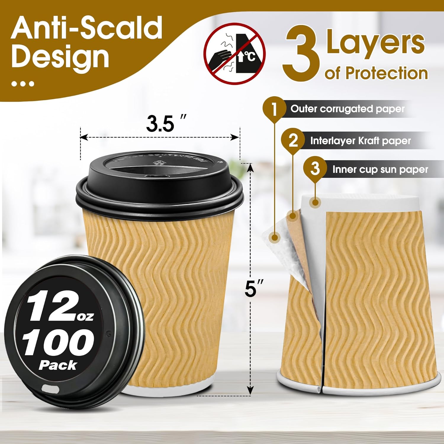 Ginkgo 100 Pack Disposable Coffee Cups with Lids 12oz, Insulated Ripple Wall To Go Paper Hot Cups - Beige