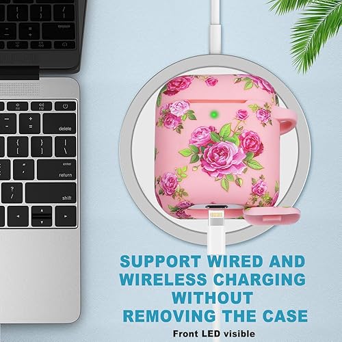 Miniatura 4 de LitoDream - Funda de silicona suave y flexible con llavero para cargador de Apple AirPods 2 y 1, para niñas (flores rosas y rojas)