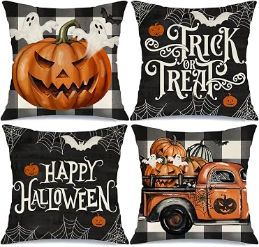 Happy Halloween Bat Spider Web Buffalo Plaid Pumpkin Truck Throw Pillow Covers 18x18 Set of 4 Spooky Ghost Jack O Lantern Trick or Treat Cushion Case Decorations for Sofa Couch