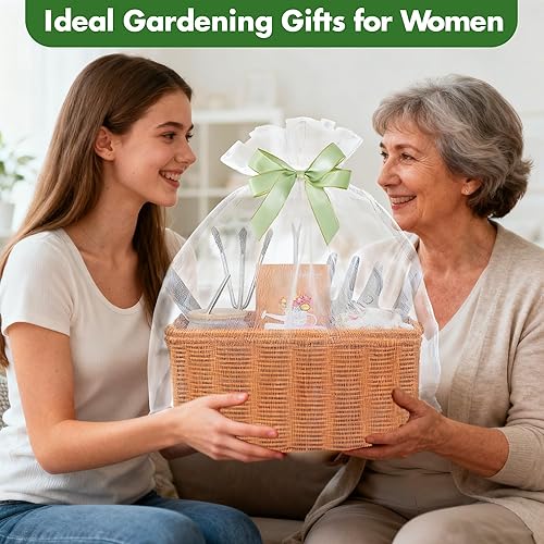 Miniatura 2 de Regalos de jardinería para mujeres, juego de 12 herramientas de jardín con cesta, herramienta de mano de jardinería resistente con mango de madera,