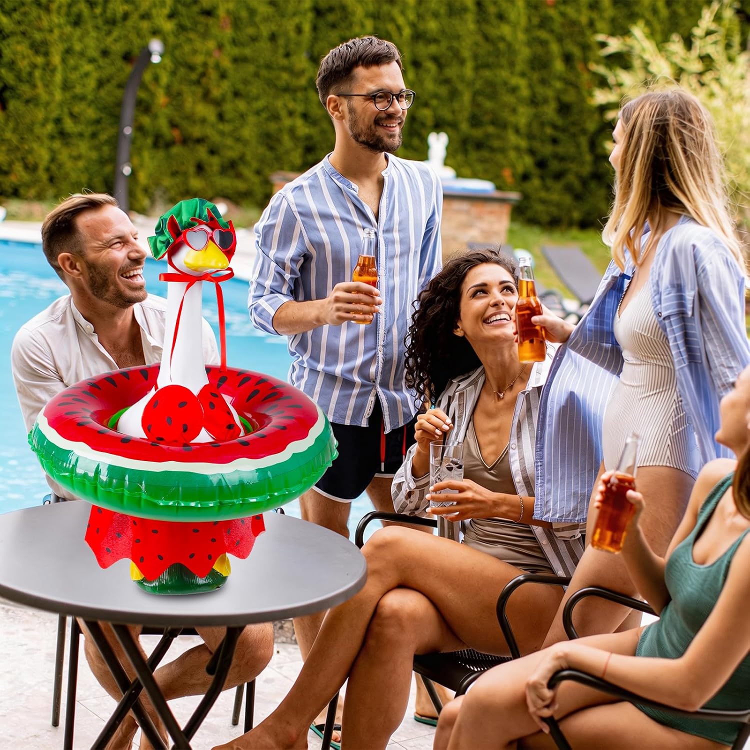 OBUSATT Summer Porch Goose Outfits Bikini Hawaiian Geese Costume Set with Hat, Sunglasses and Watermelon Swimming Ring for 23" Lawn Decor Outdoor Garden Yard Patio Statue image 5