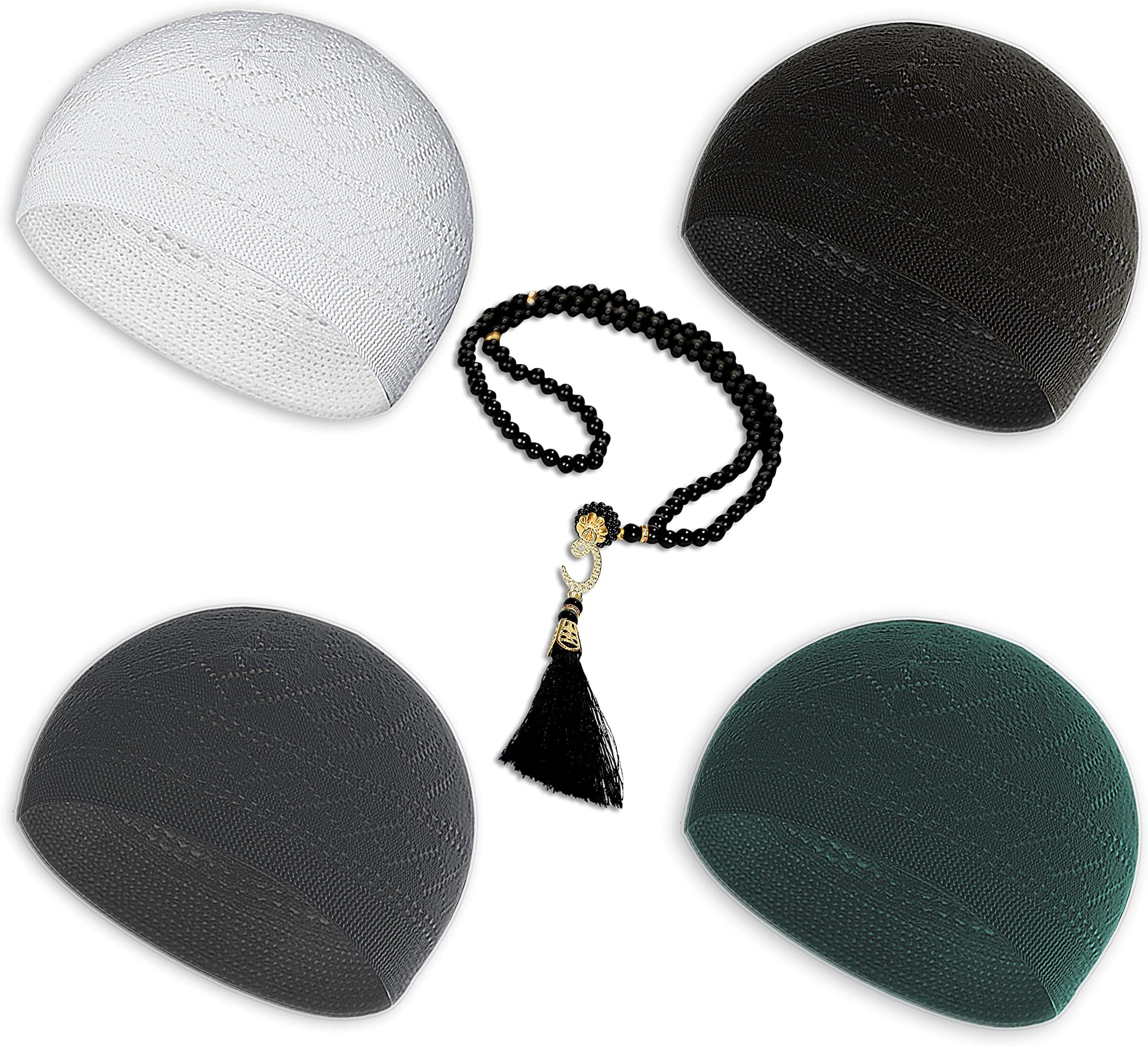 Kufi Hats for Men - Prayer Cap, Handicraft Taqiyah, Muslim Tasbih 99 Beads, Prayer Beads